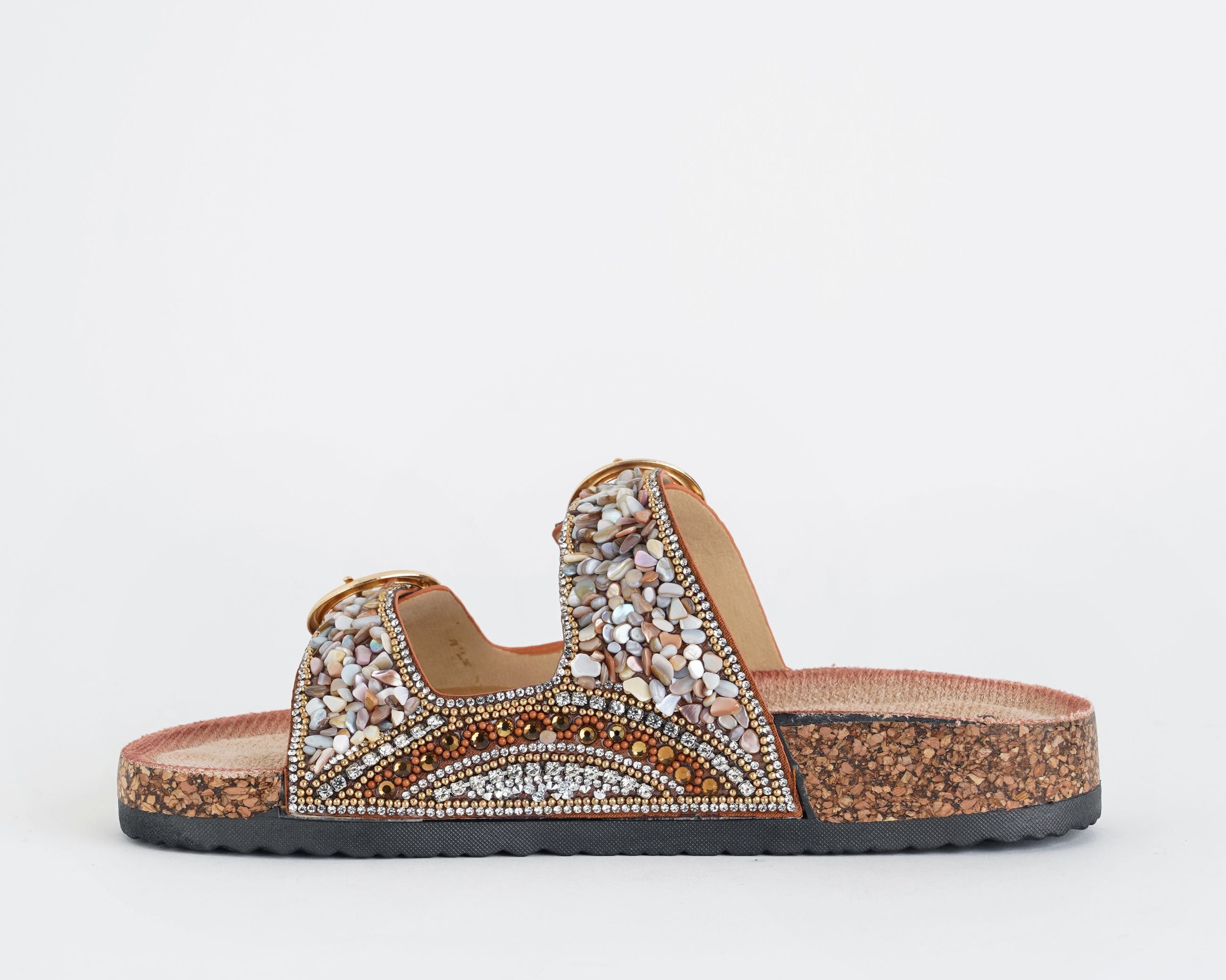 Sandalo basso donna EXE BB3918-18 Camel Bronze con fibbie decorate da corallini e strass