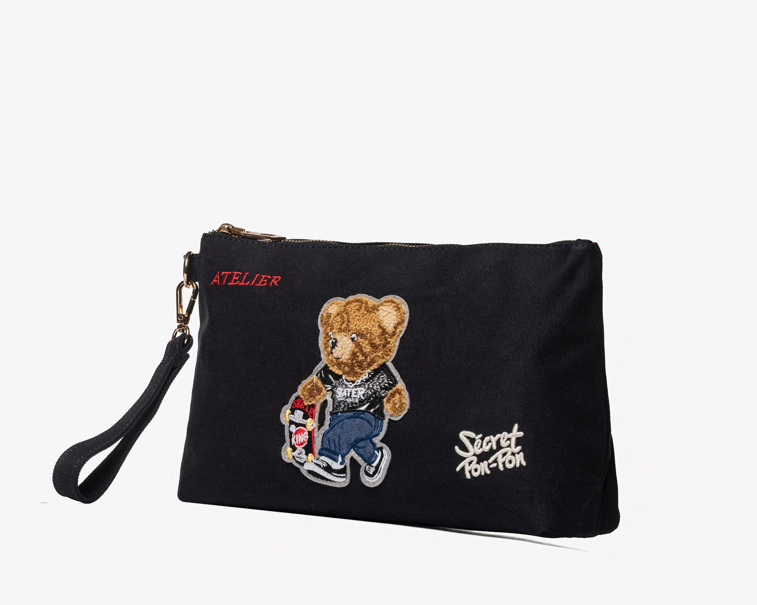 Pouch Sécret Pon-Pon Saint Tropez Pouch Black Teddy Donna – chiusura zip, gancio polso, H.19xL.30xP.12 cm