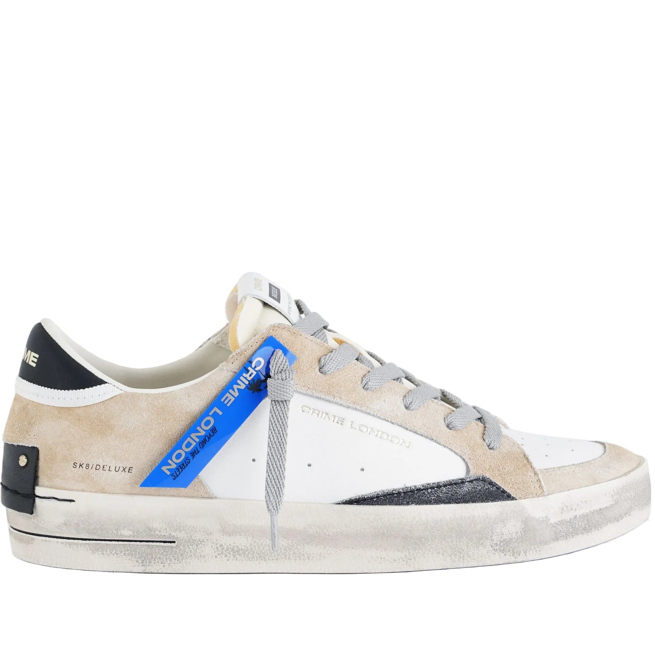 Crime London SK8 Deluxe sneakers uomo bianco beige nero, tomaia in pelle e suede, effetto vintage, Made in Italy