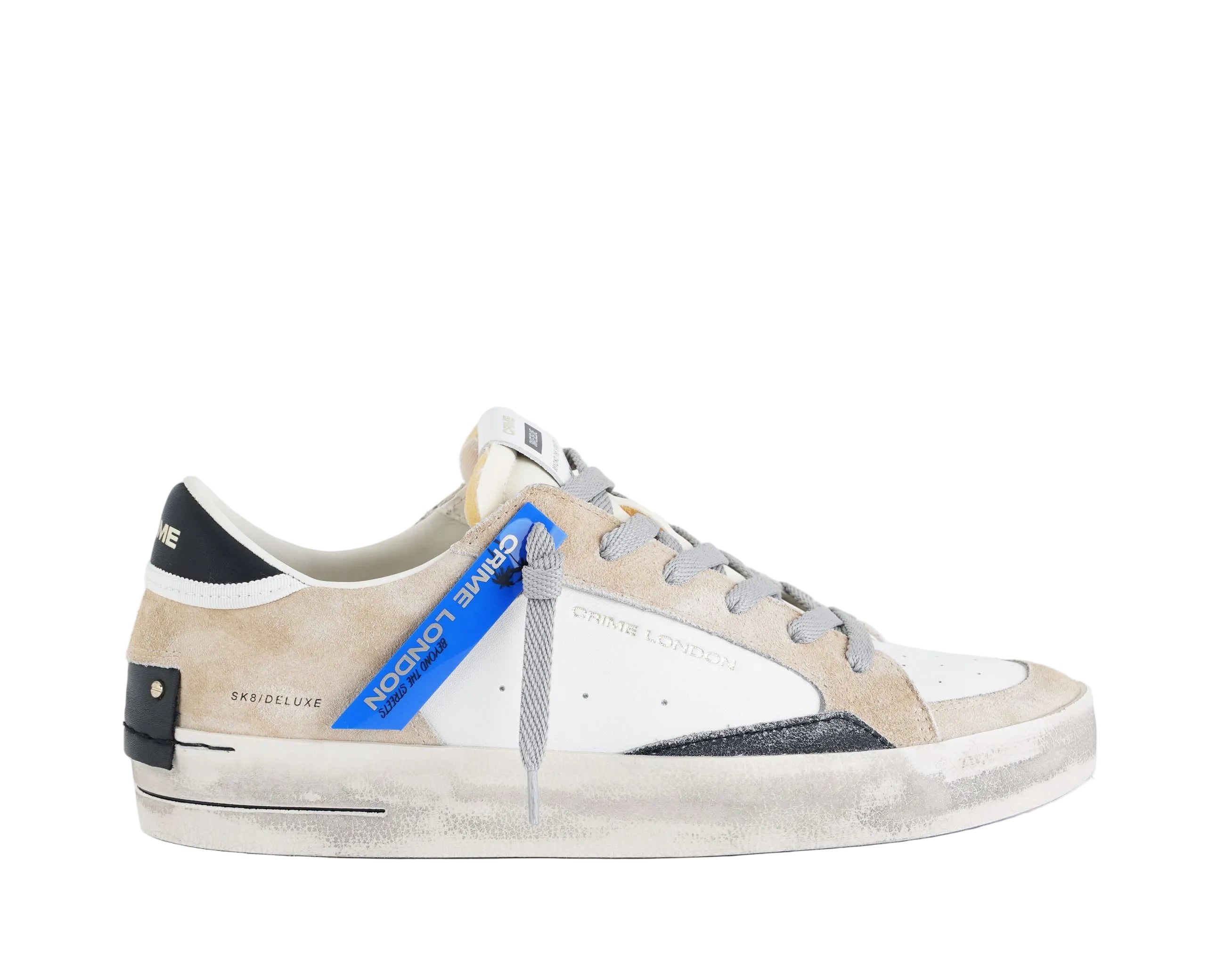 Crime London SK8 Deluxe sneakers uomo bianco beige nero, tomaia in pelle e suede, effetto vintage, Made in Italy