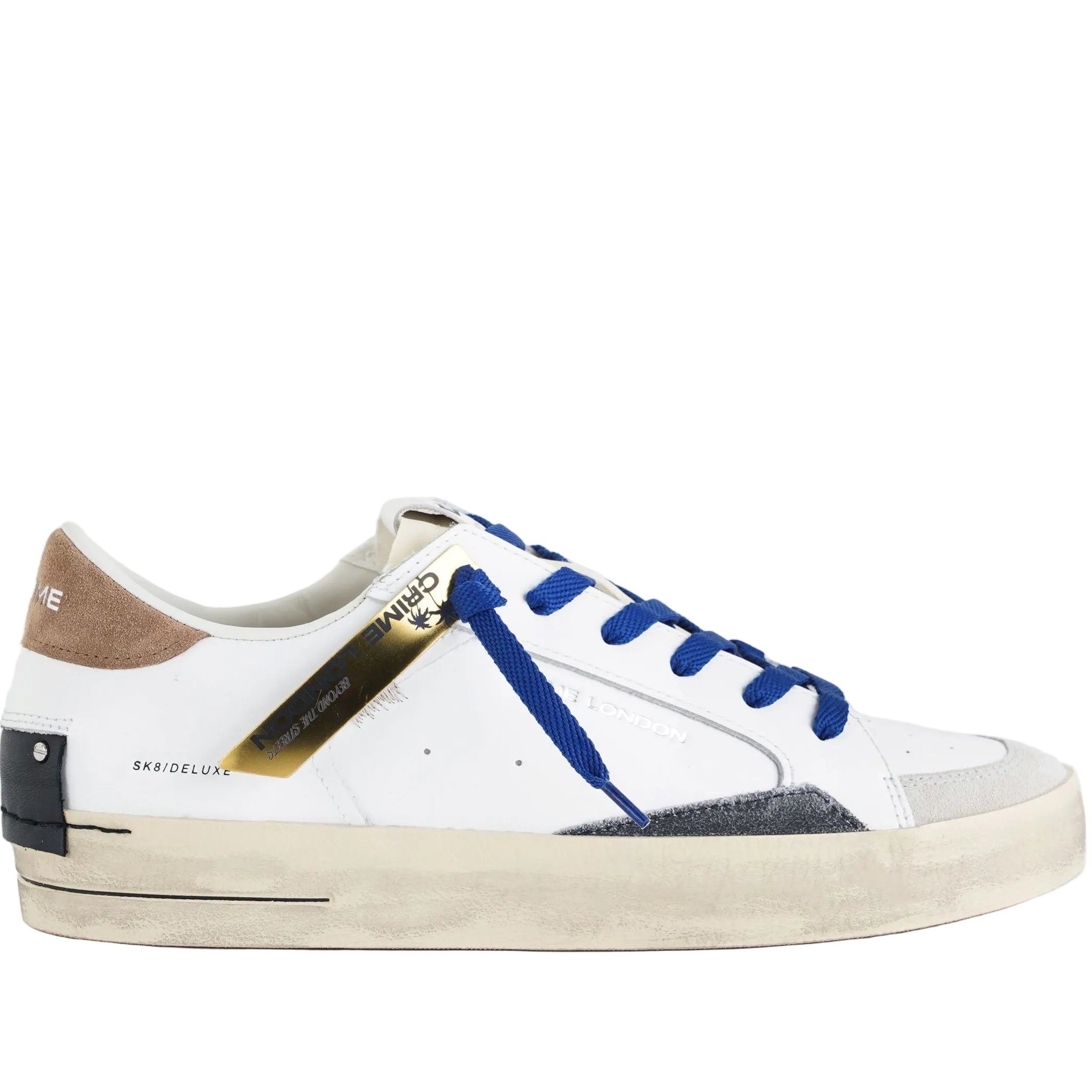 Crime London SK8 Deluxe Brown Sugar sneakers uomo bianco marrone nero, tomaia in pelle e suede, effetto vintage, Made in Italy