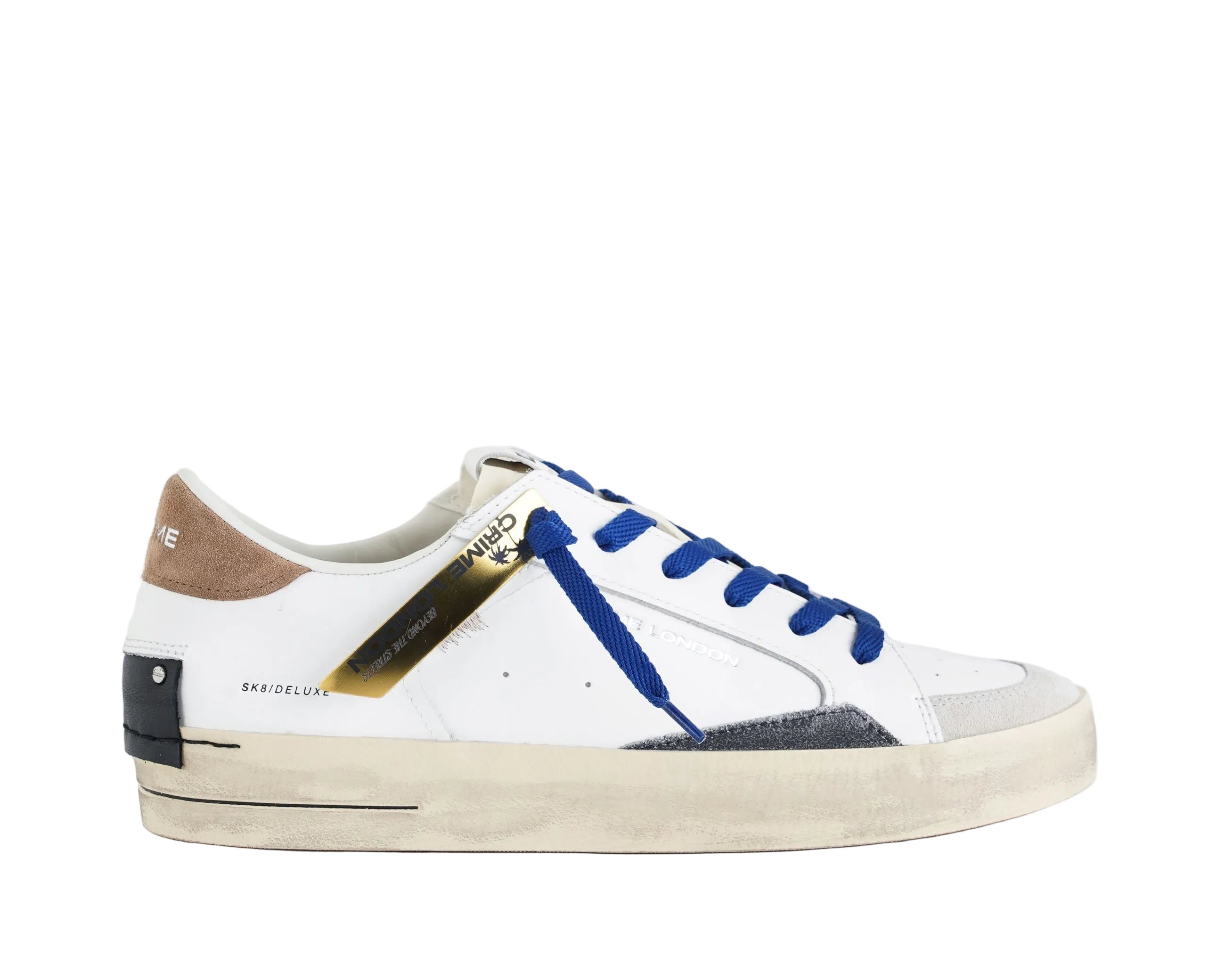 Crime London SK8 Deluxe Brown Sugar sneakers uomo bianco marrone nero, tomaia in pelle e suede, effetto vintage, Made in Italy