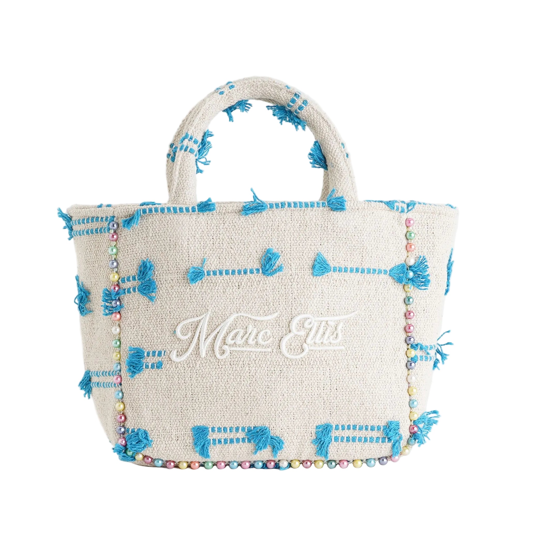 Borsa a mano Marc Ellis Buby S Indy 26 Donna Variant 06 – vista frontale, trama in cotone intrecciato con perline multicolore e scritta logata ricamata