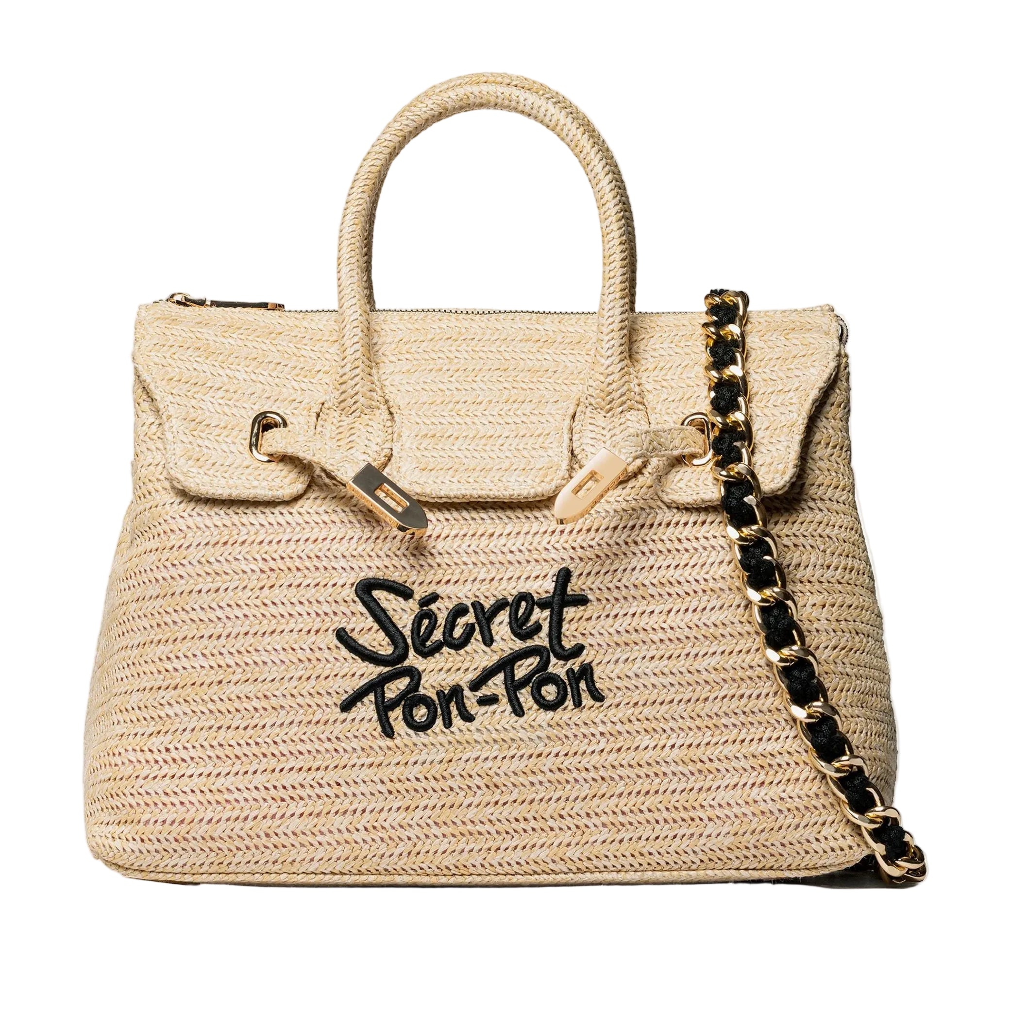 Borsa a spalla Sécret Pon-Pon Victoria M Straw Natural Donna – tracolla rimovibile, chiusura zip, H.27xL.34xP.13 cm