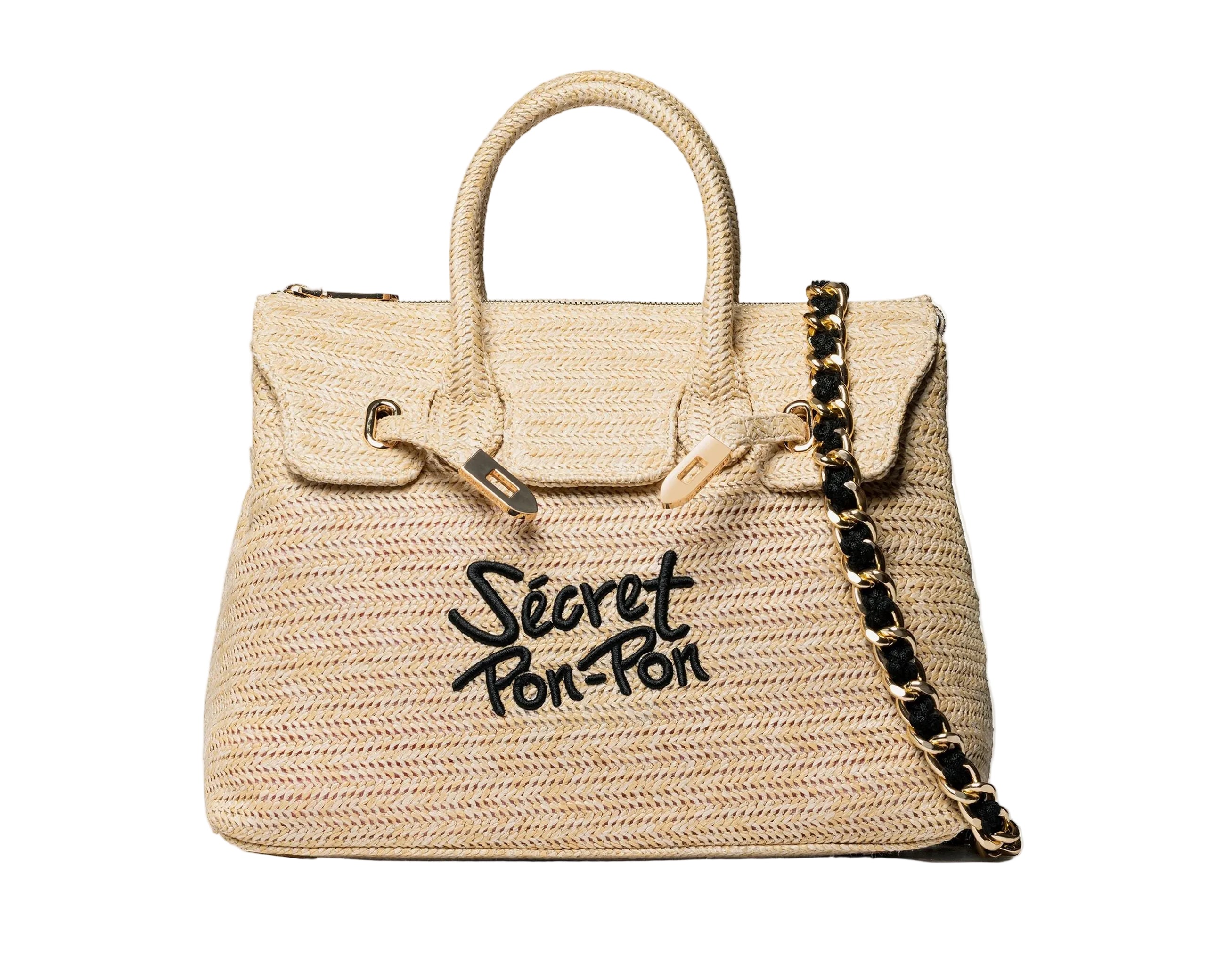 Borsa a spalla Sécret Pon-Pon Victoria M Straw Natural Donna – tracolla rimovibile, chiusura zip, H.27xL.34xP.13 cm