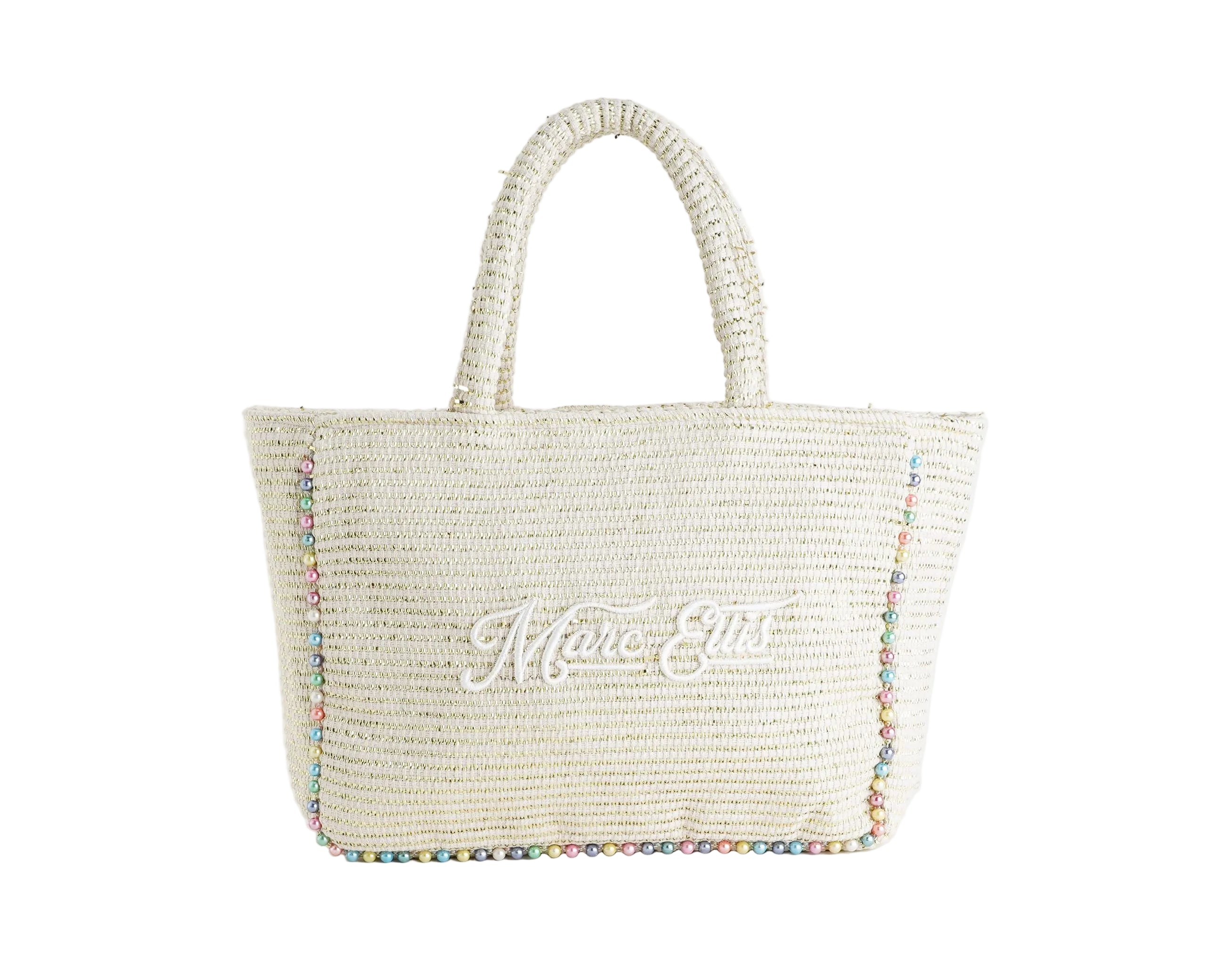 Borsa a spalla Marc Ellis Buby M Indy 26 Variant 02 – vista frontale, trama in cotone intrecciato con perline multicolore e scritta logata ricamata
