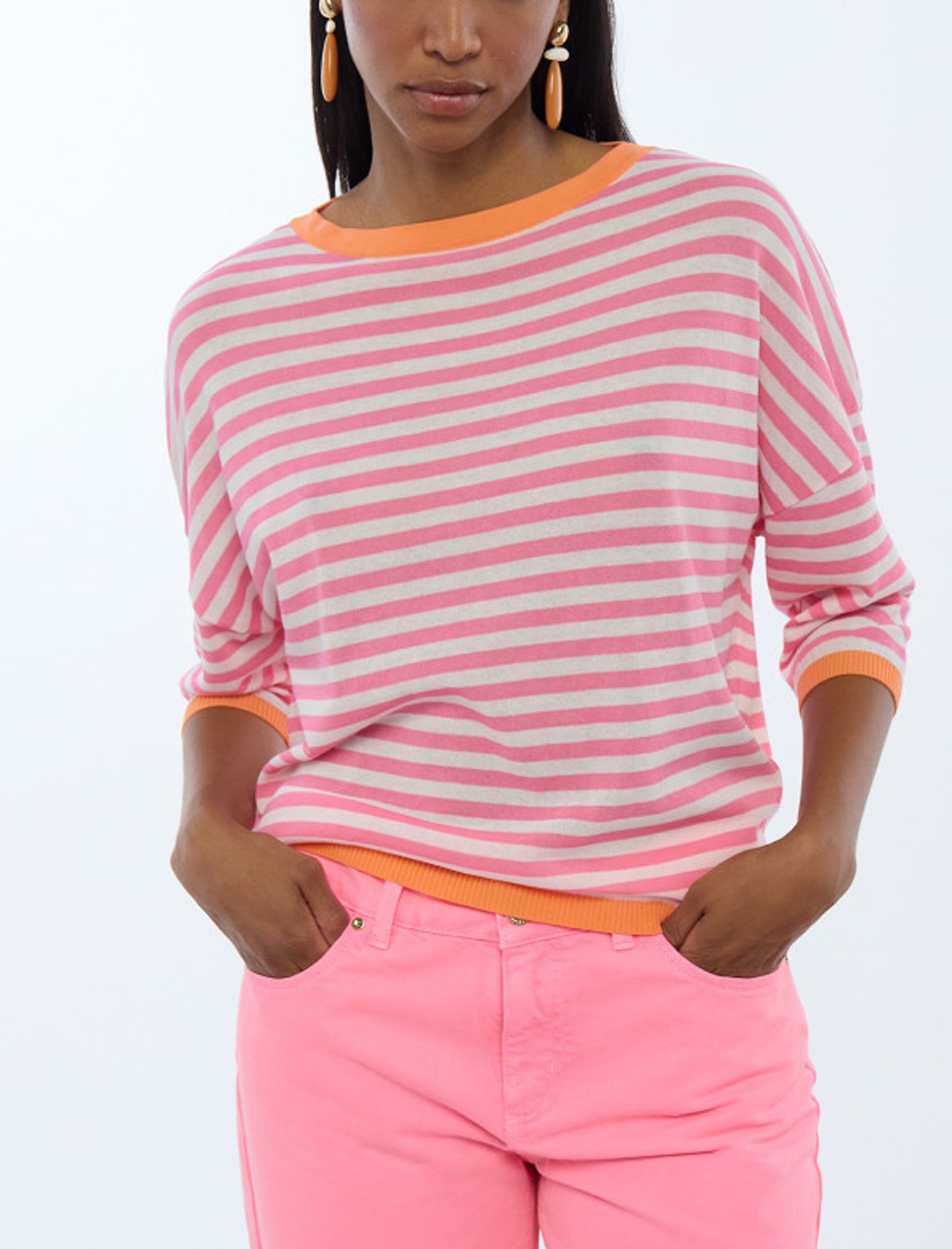 Maglia bicolore a righe con maniche francesi Lola Casademunt LS2611001 Ecru-Pink