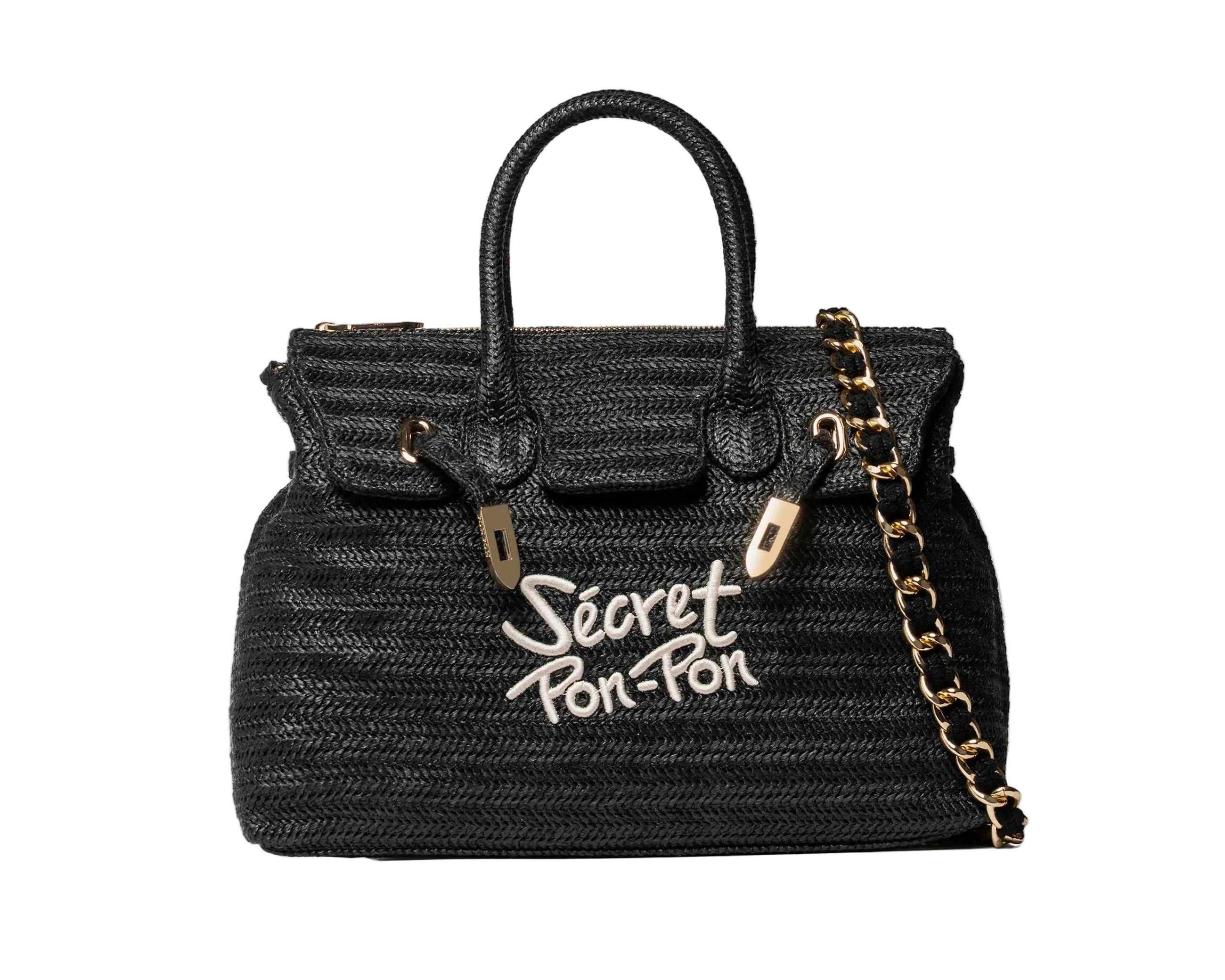 Borsa a spalla Sécret Pon-Pon Victoria M Straw Black Donna – tracolla rimovibile, chiusura zip, H.27xL.34xP.13 cm
