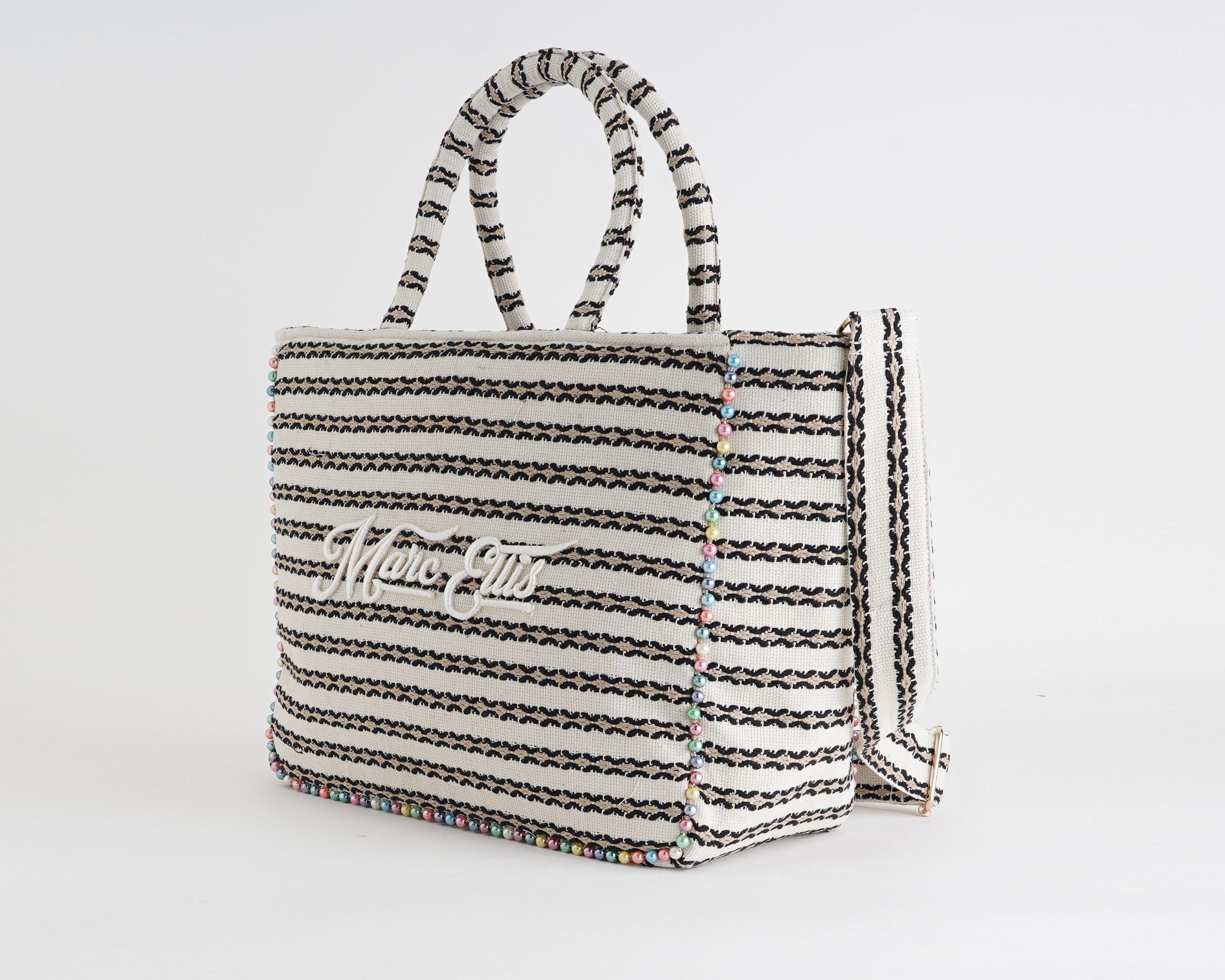 Shopping Bag Marc Ellis Buby L Indy 26 Variant 01 – vista laterale, profilo H.34×L.52×P.18 cm con tracolla in tessuto regolabile e tirazip logato
