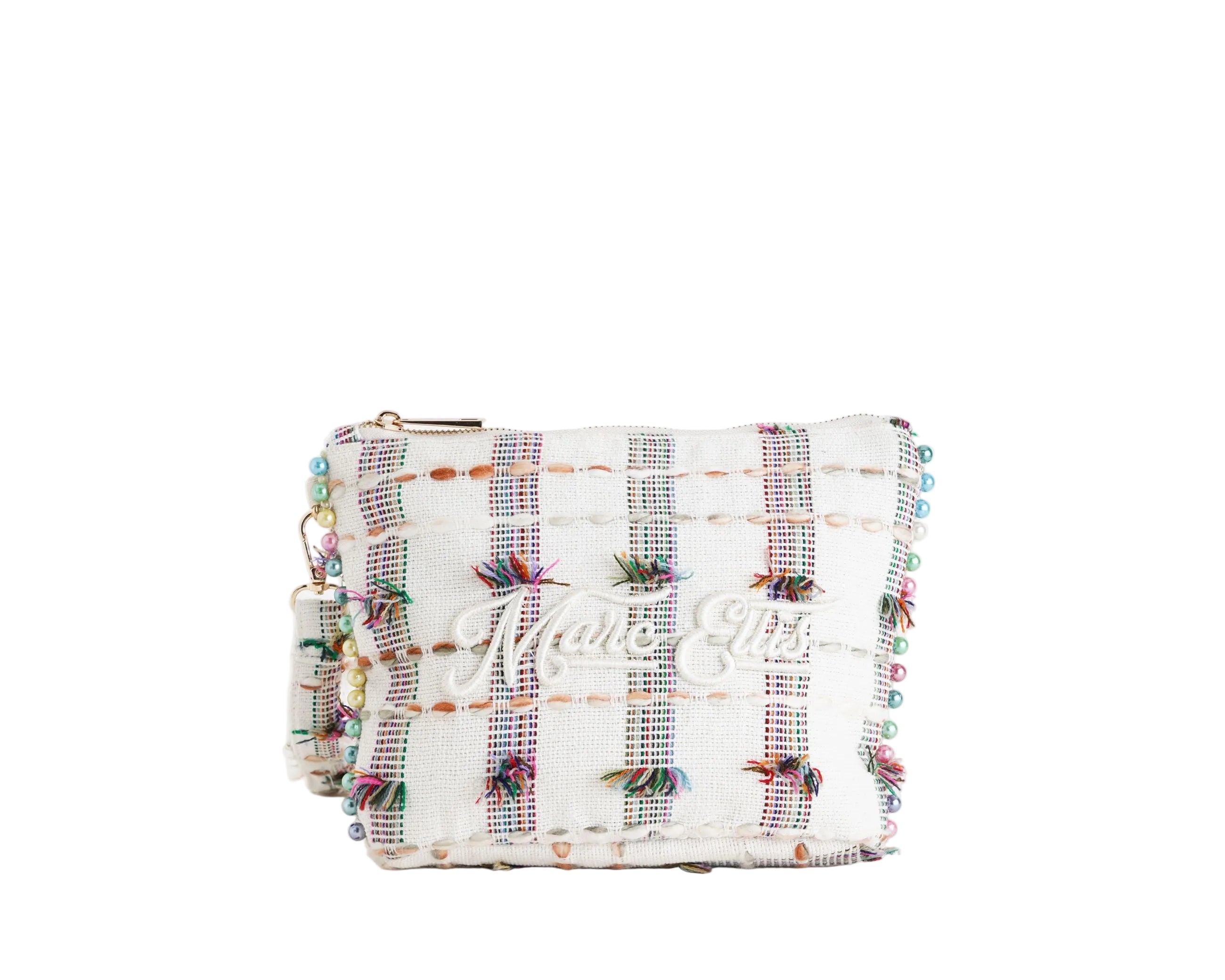 Pochette Marc Ellis Cassy Indy 26 Donna Variant 10 – vista frontale, trama intrecciata in tela misto cotone con dettagli in lurex, perline multicolore e scritta logata ricamata
