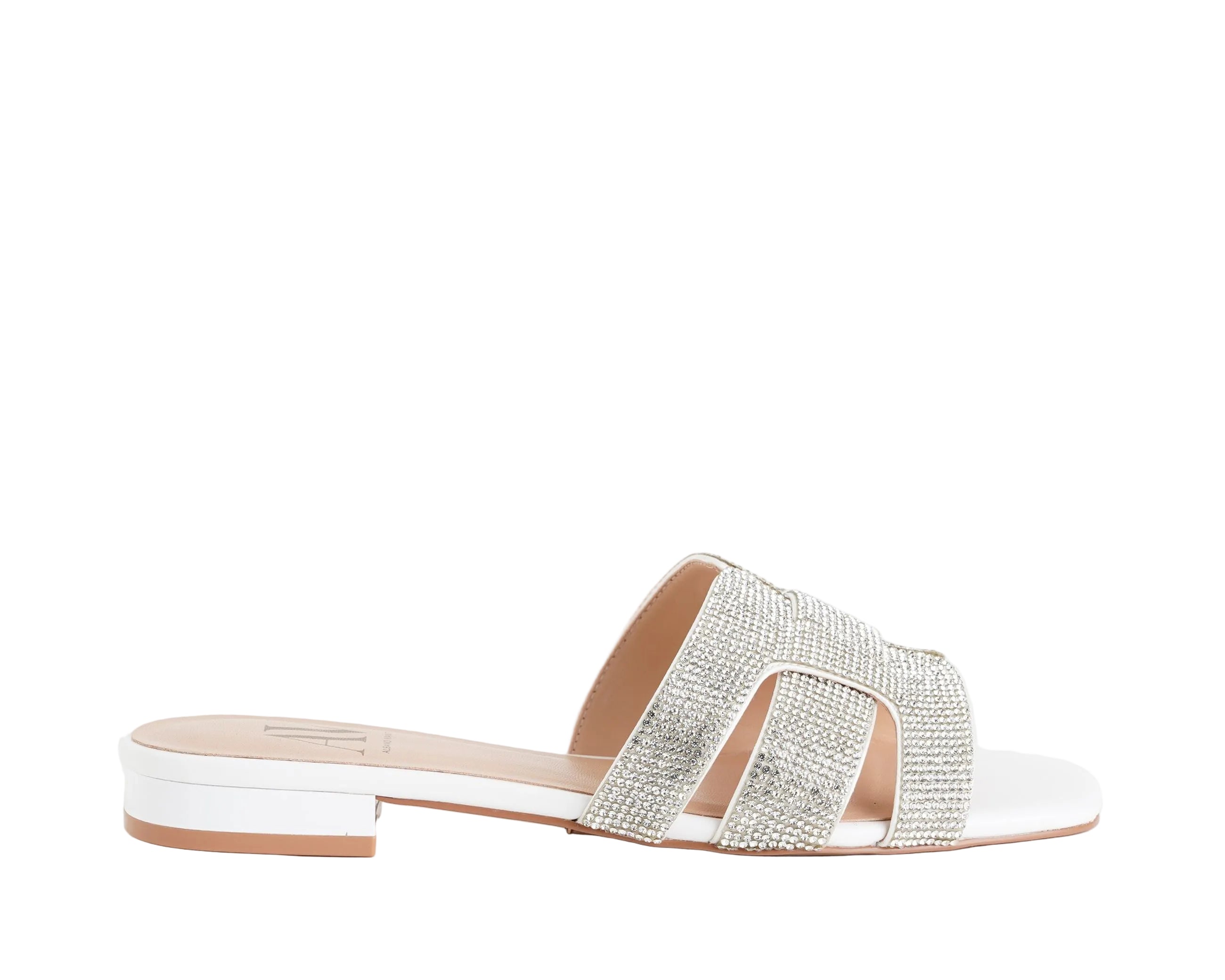 Ciabatta con strass L'Amour by Albano AV7028 Donna Bianco – vista frontale, tomaia in tessuto con strass e suola in gomma tacco 20 mm
