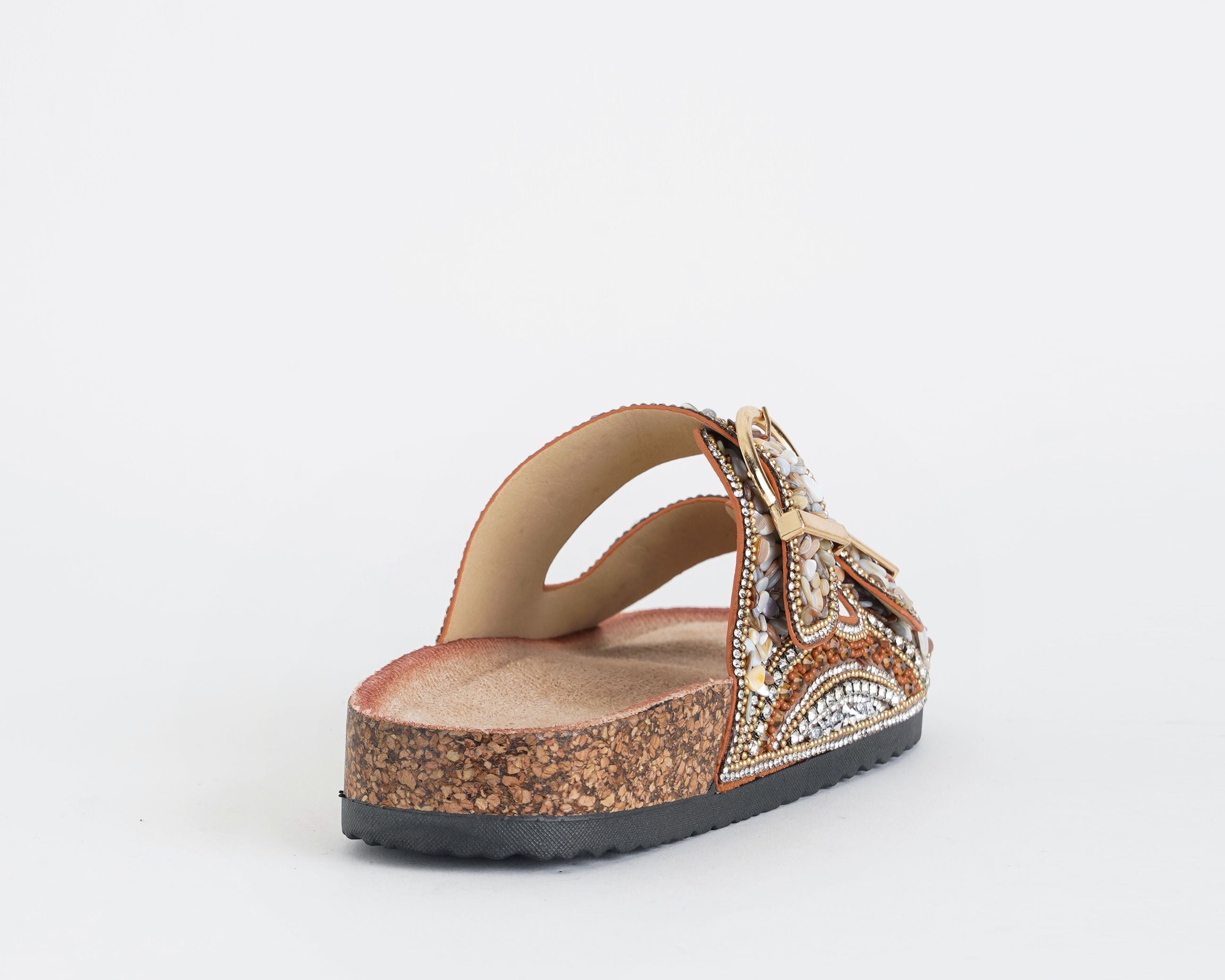 Sandalo basso donna EXE BB3918-18 Camel Bronze con fibbie decorate da corallini e strass