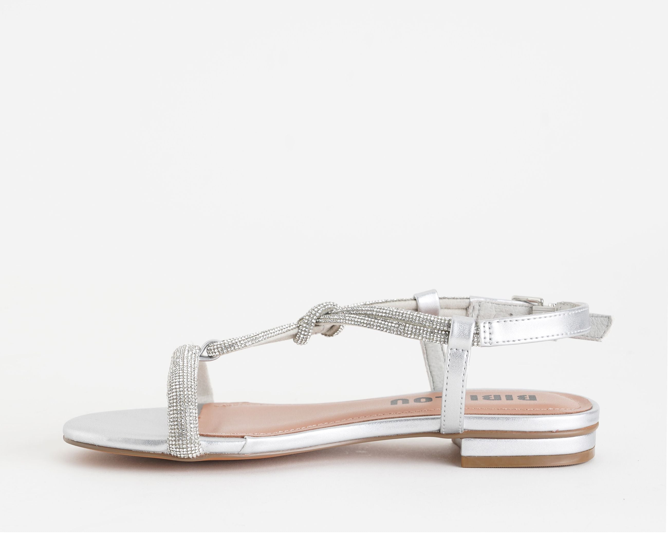 Sandalo basso Bibi Lou Myna 956Z00HG da donna, tomaia in tessuto con strass e similpelle argento