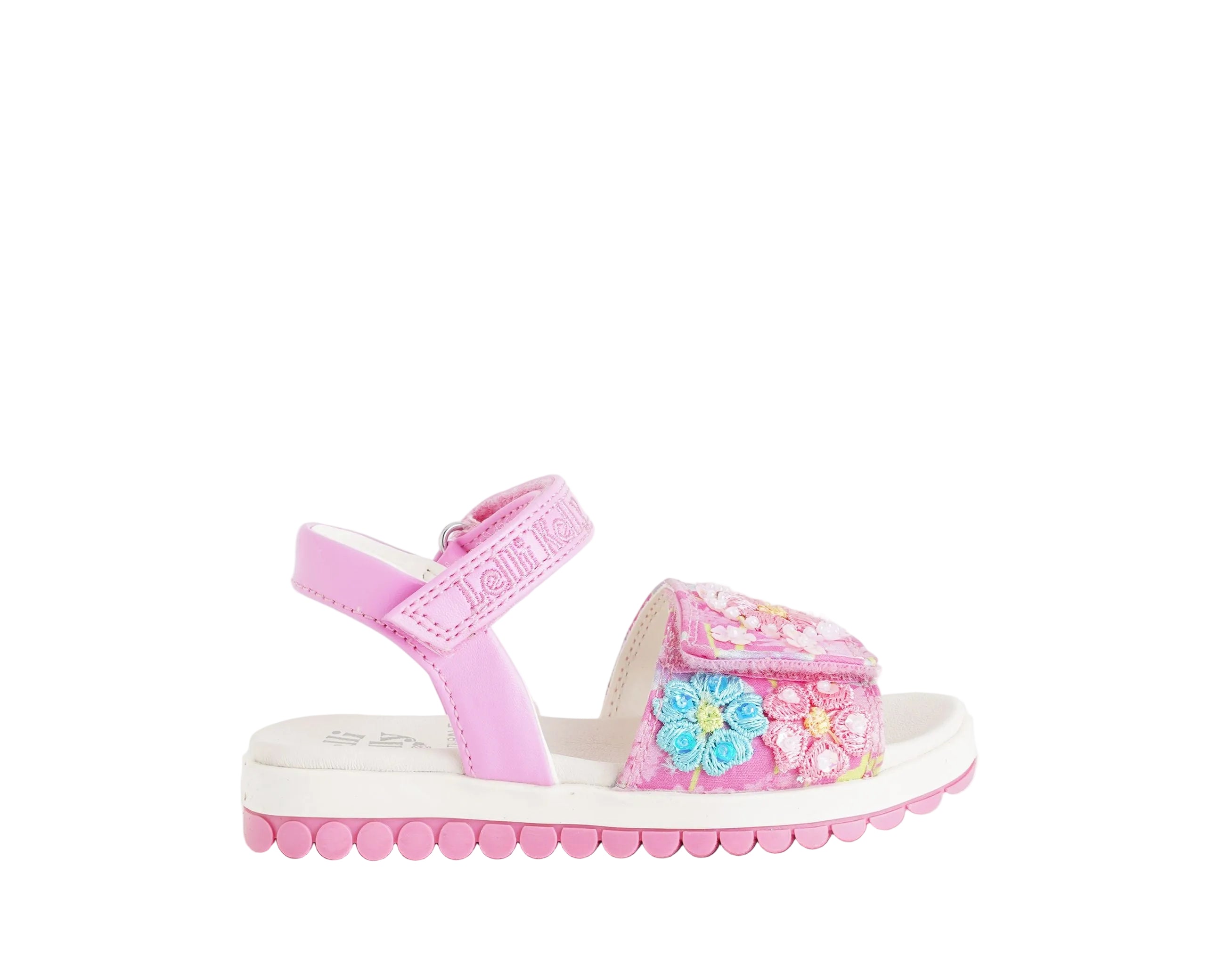 Sandalo Lelli Kelly Eloise bambina fuxia con decorazioni floreali perline e paillettes ricamate
