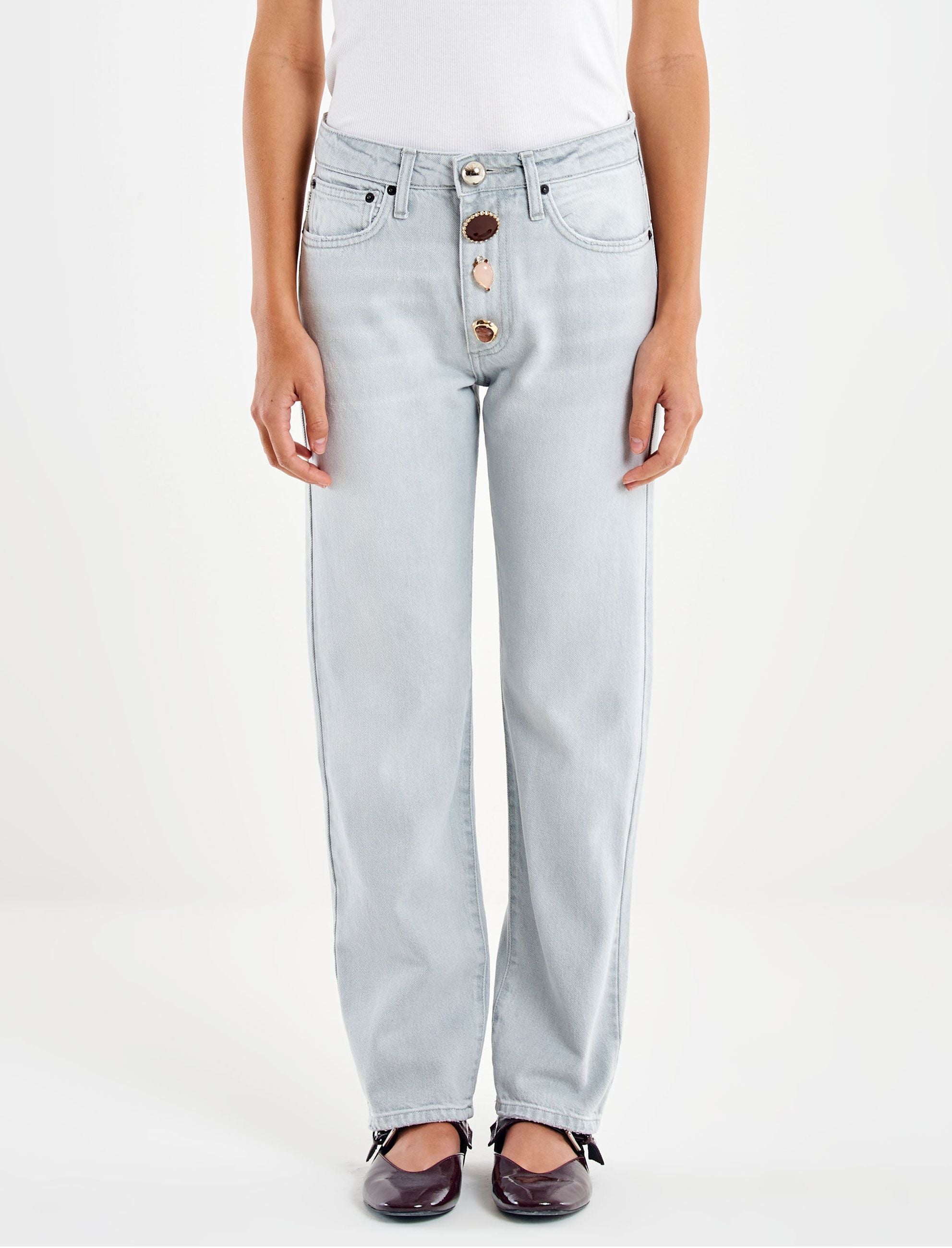 Dettaglio bottoni gioiello e zip nascosta jeans Vicolo Zoe DAB5110 denim grigio donna