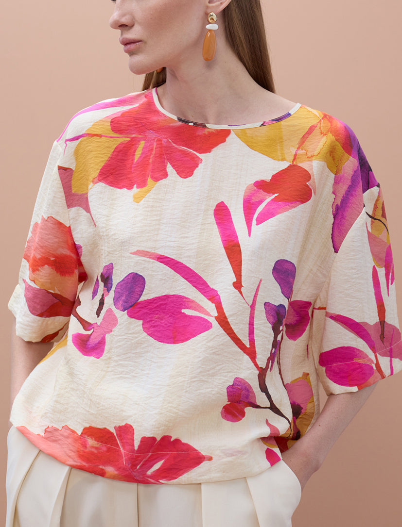 Blusa a maniche corte con stampa floreale Lola Casademunt MS2615032 Crudo-Multicolor Donna