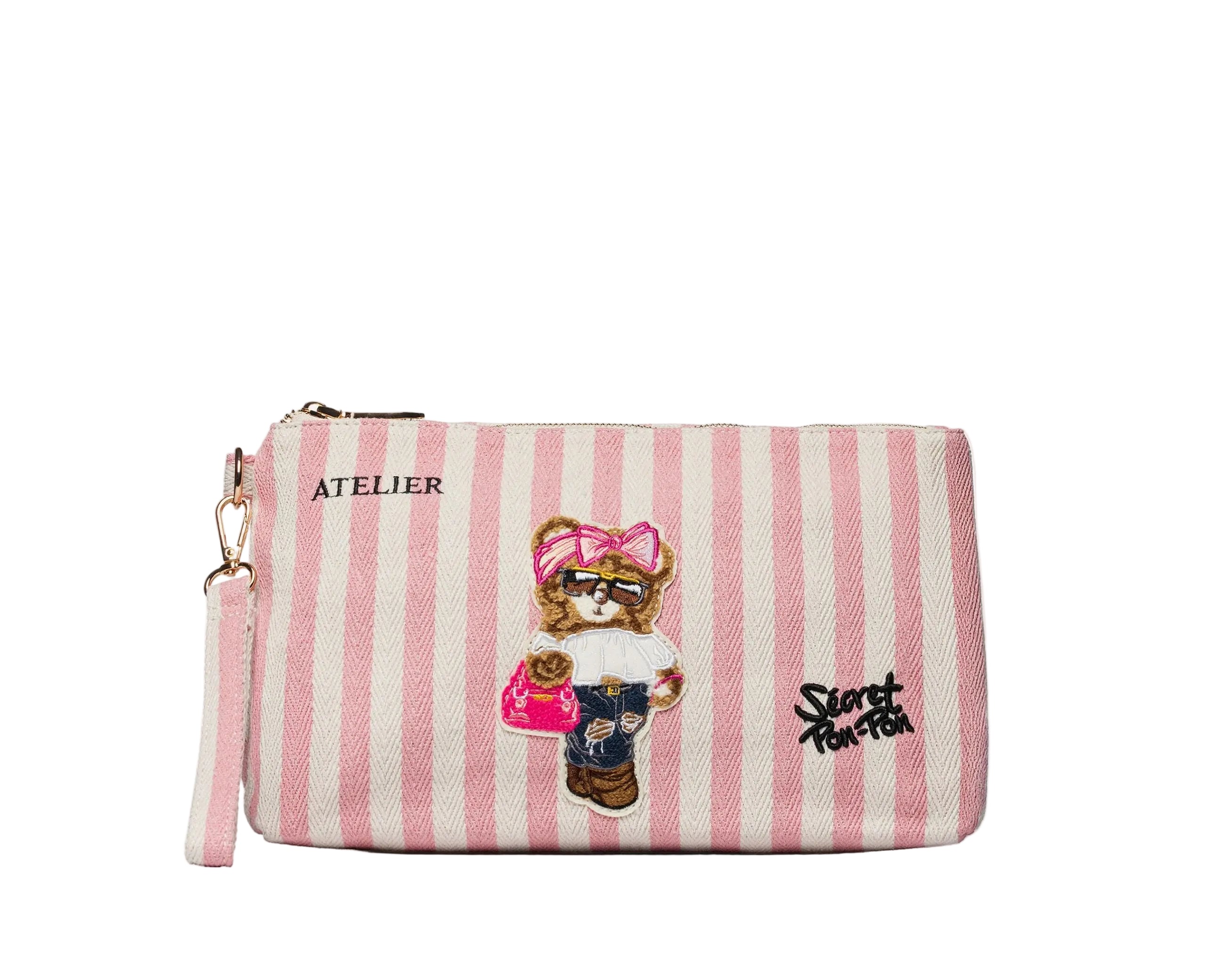 Pouch Sécret Pon-Pon Saint Tropez Pouch Beige/Rose Donna – chiusura zip, gancio polso, H.19xL.30xP.12 cm
