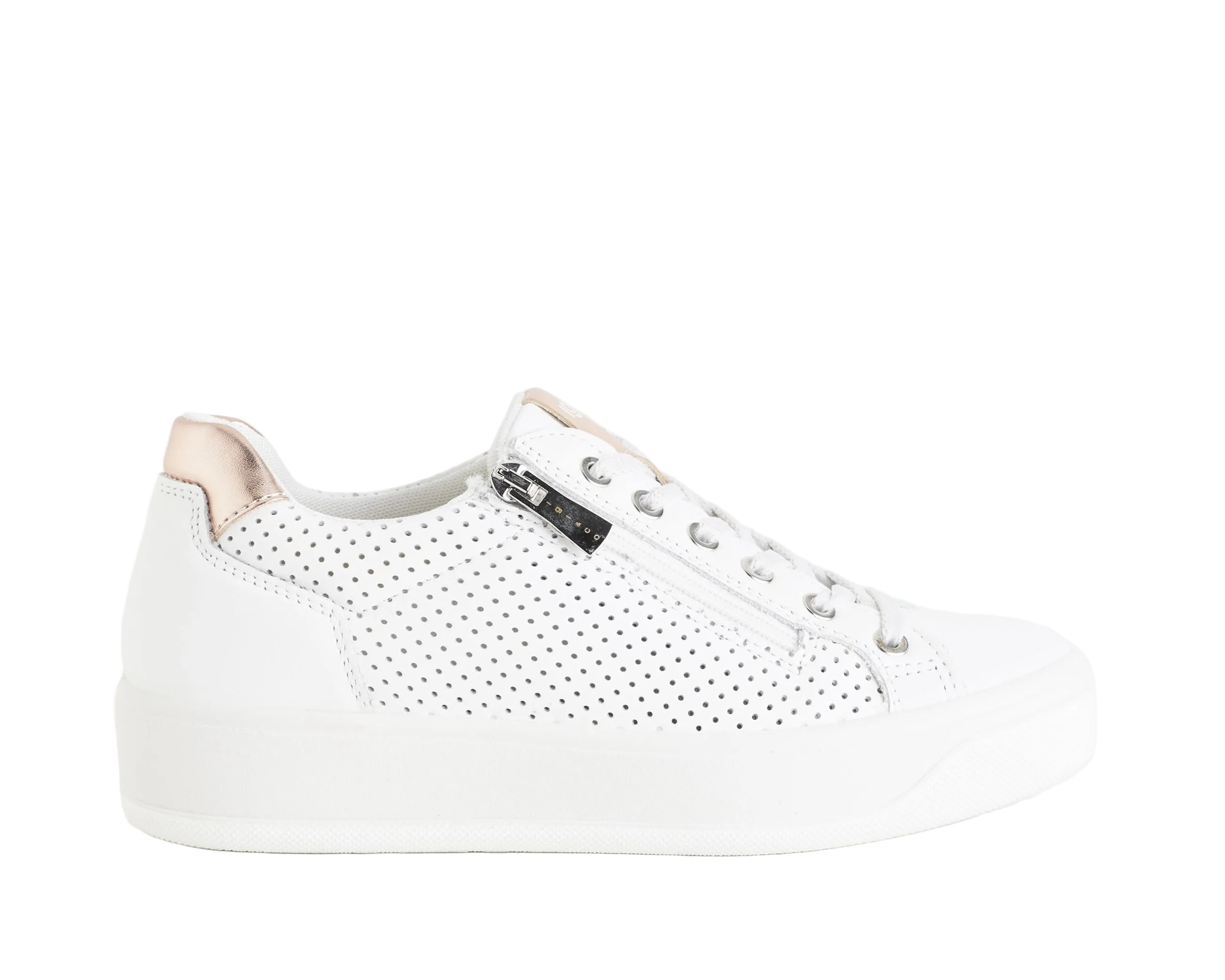 Sneakers con zeppa IGI&CO 1144511 bianco da donna, tomaia in nappa con lacci e zip, zeppa 35 mm
