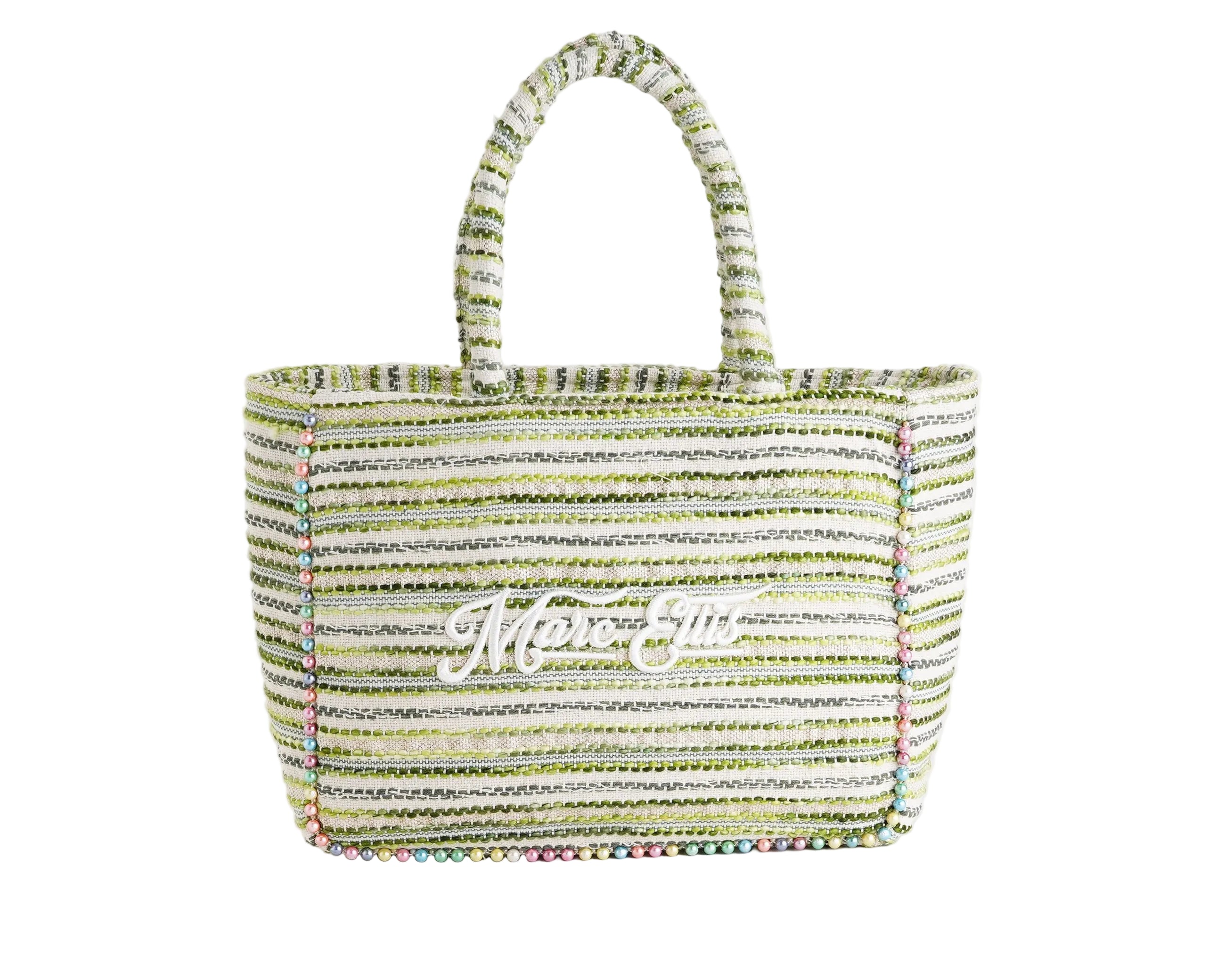 Borsa a spalla Marc Ellis Buby M Indy 26 Variant 09 – vista frontale, trama in cotone intrecciato con perline multicolore e scritta logata ricamata
