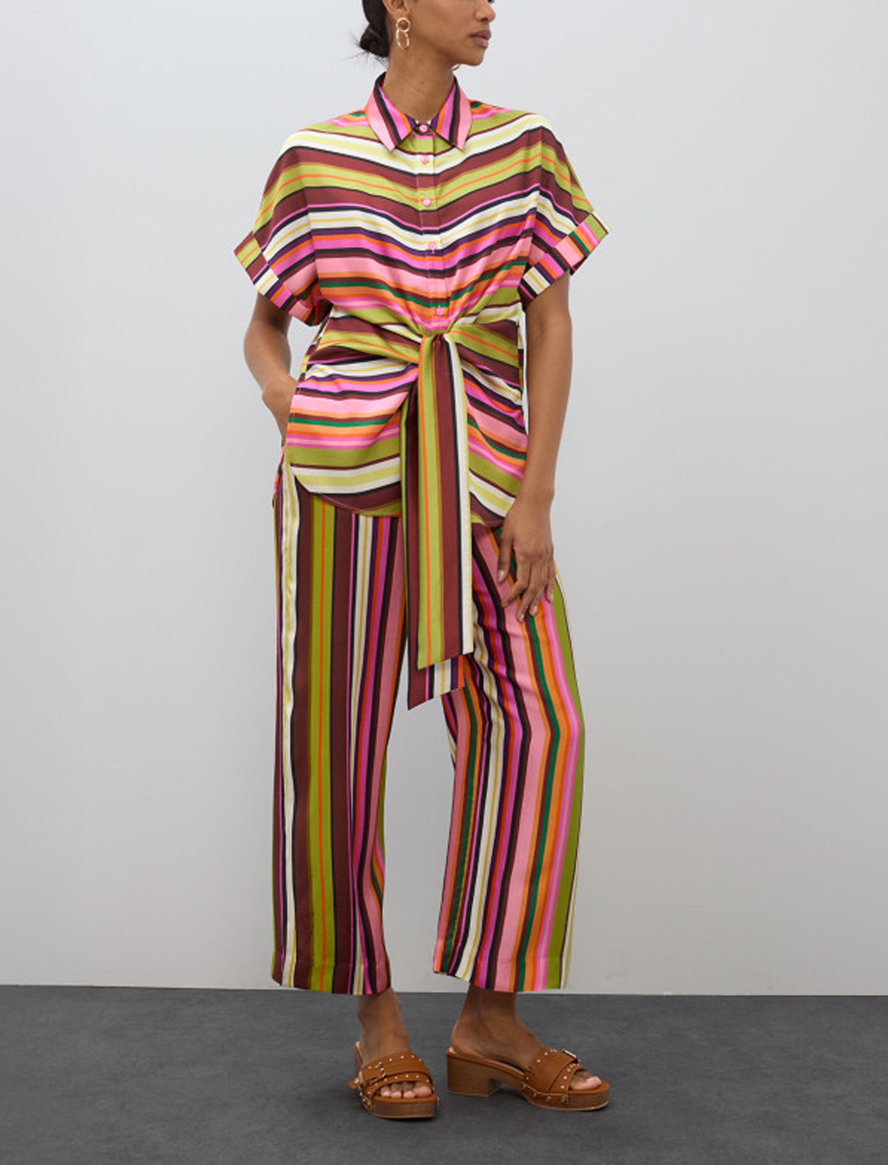 Blusa a righe con cintura Lola Casademunt LS2615062 Ecru-Multicolor
