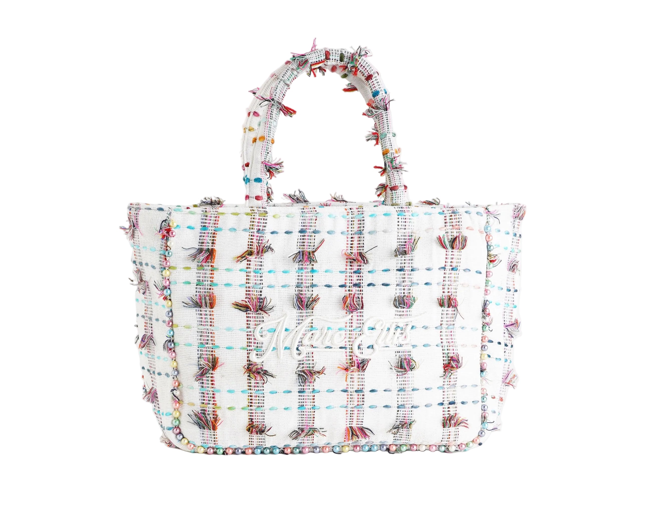 Borsa a spalla Marc Ellis Buby M Indy 26 Variant 10 – vista frontale, trama in cotone intrecciato con perline multicolore e scritta logata ricamata

