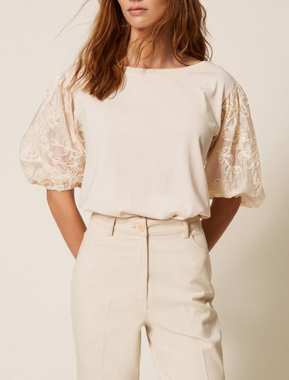 Blusa con maniche ricamate Twinset 261LB2PBB Pergamena Donna