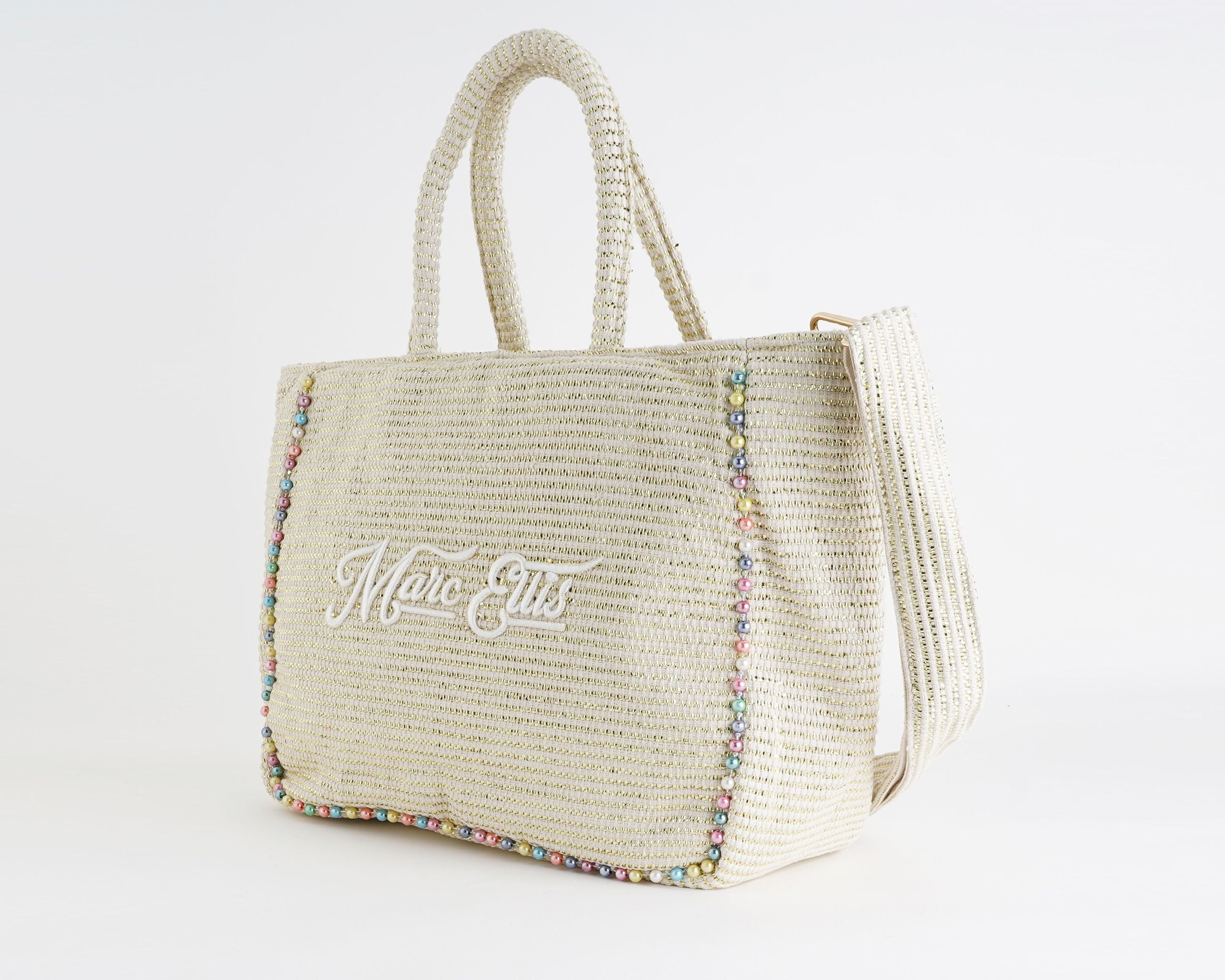 Shopping Bag Marc Ellis Buby L Indy 26 Variant 02 – vista laterale, profilo H.34×L.52×P.18 cm con tracolla in tessuto regolabile e tirazip logato
