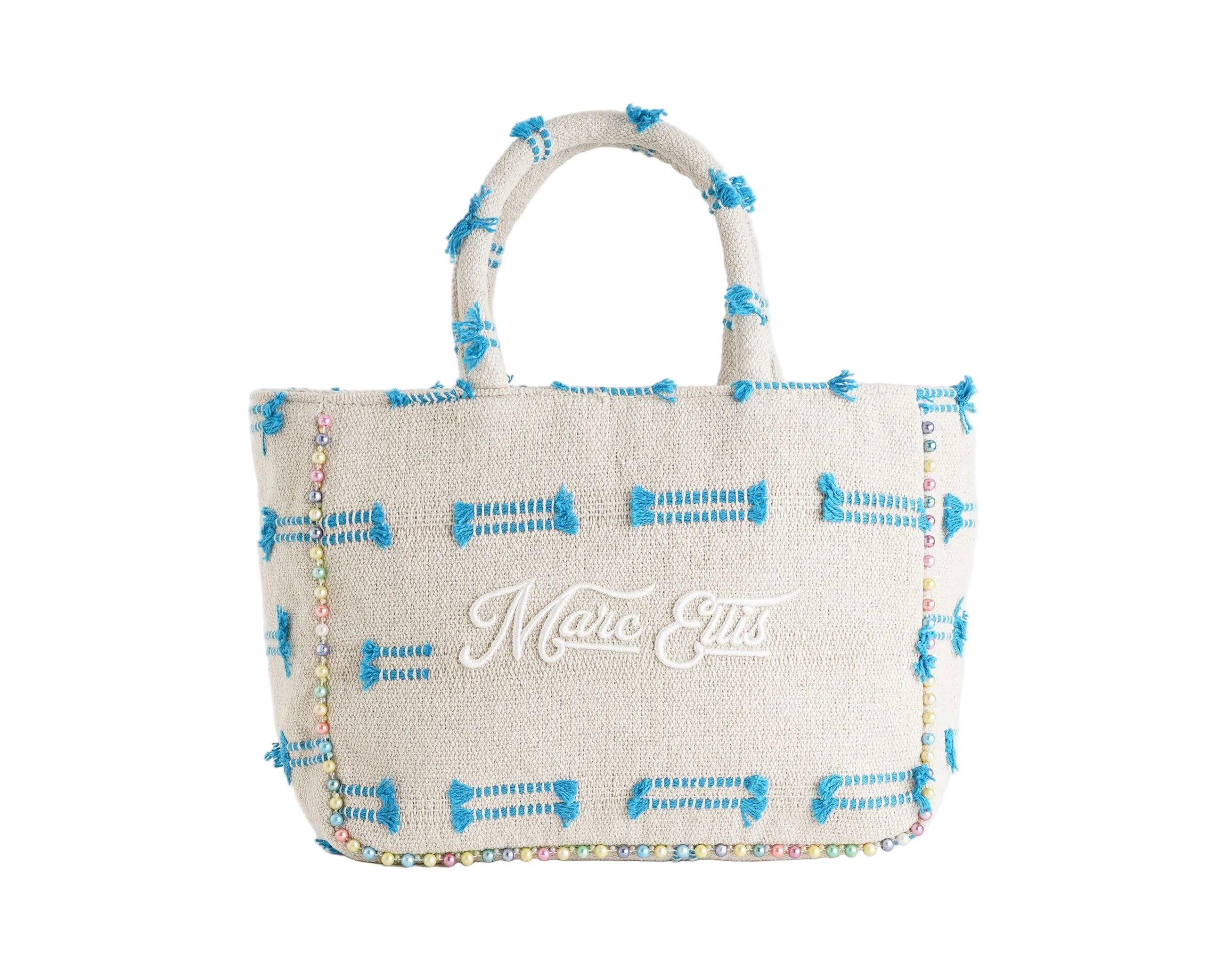 Borsa a spalla Marc Ellis Buby M Indy 26 Variant 06 – vista frontale, trama in cotone intrecciato con perline multicolore e scritta logata ricamata
