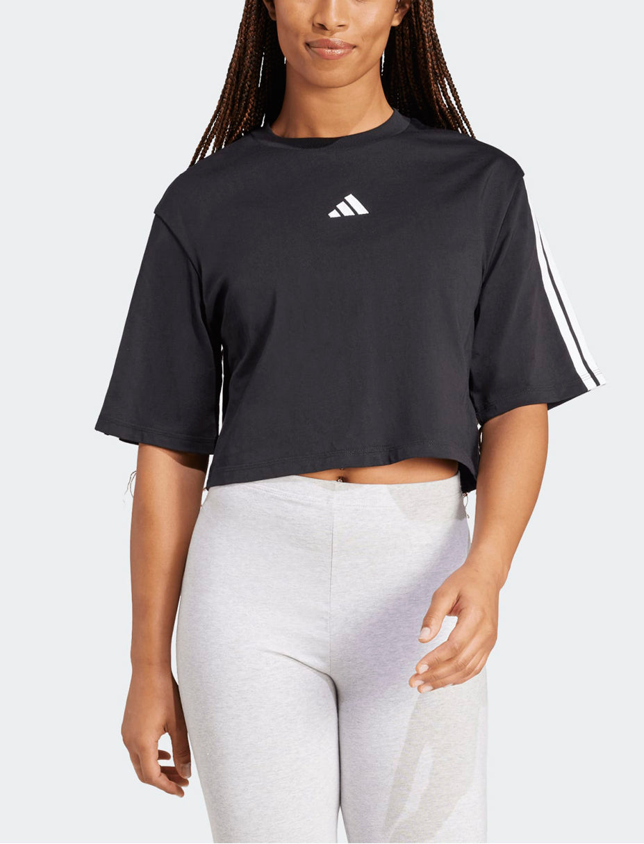 T-shirt crop Adidas Essentials 3-Stripes JD4998 nera donna vista frontale
