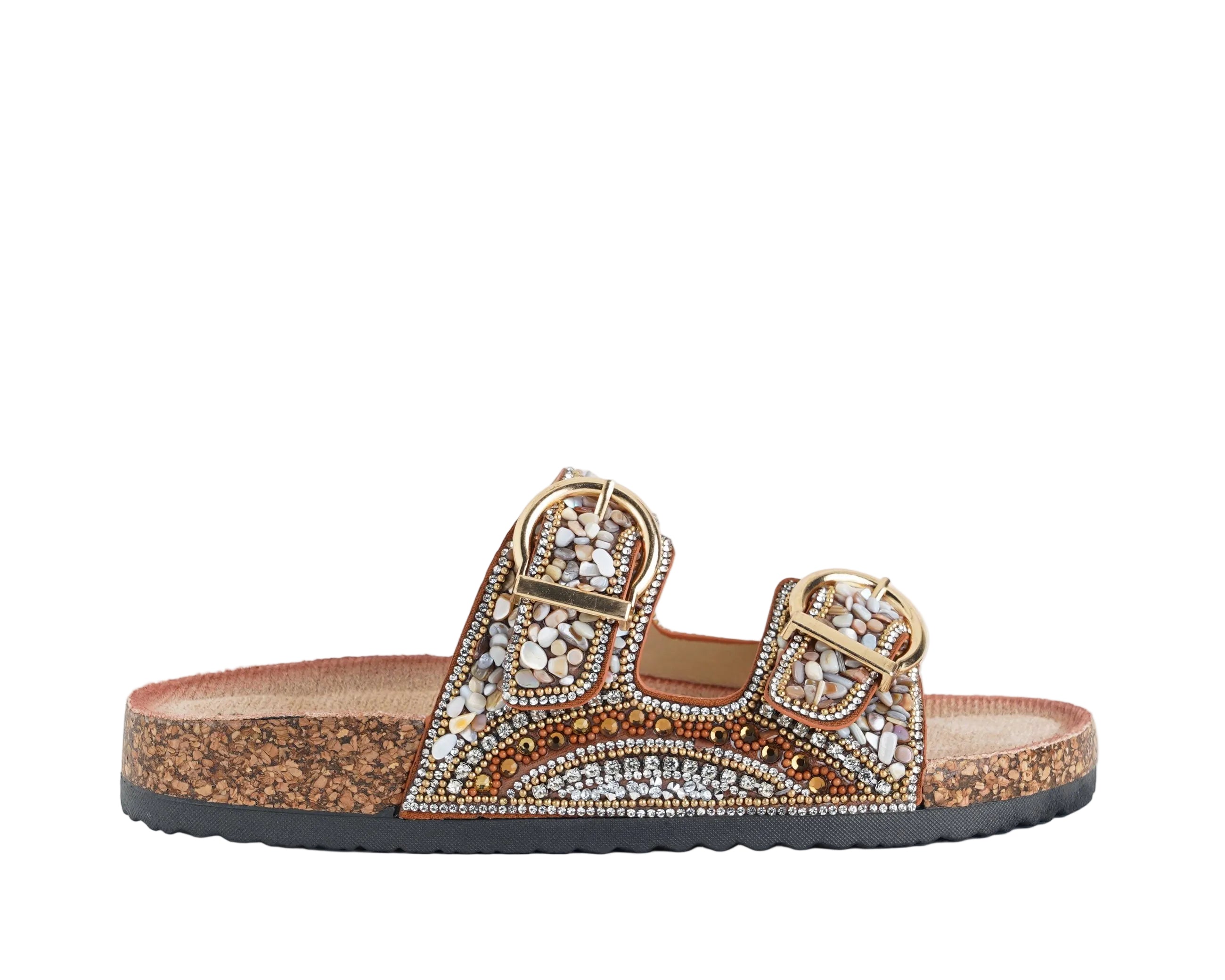 Sandalo basso donna EXE BB3918-18 Camel Bronze con fibbie decorate da corallini e strass
