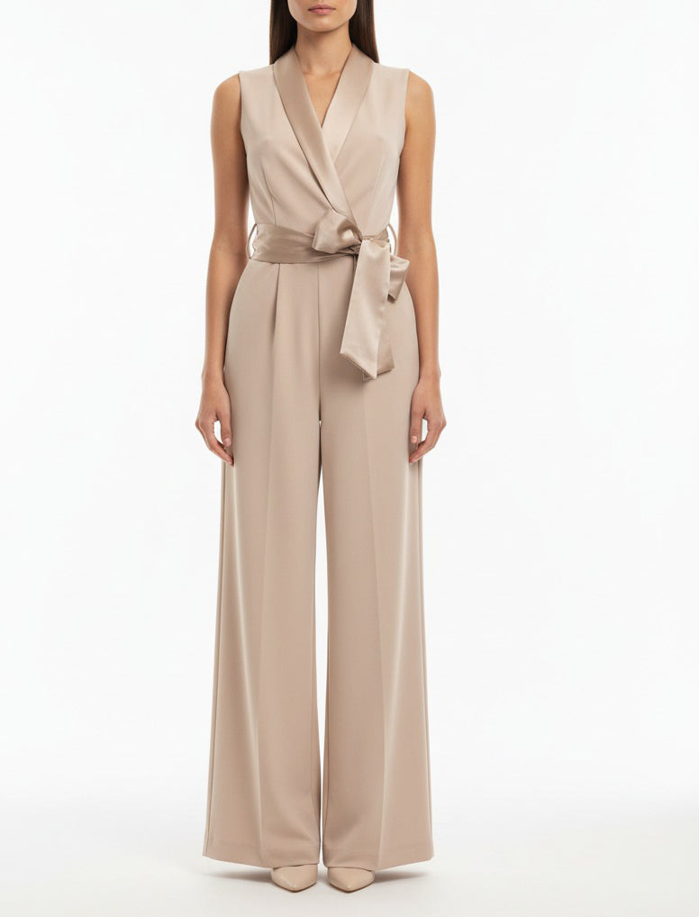Tuta intera Vicolo TAB0260 donna beige con colletto e cintura in raso