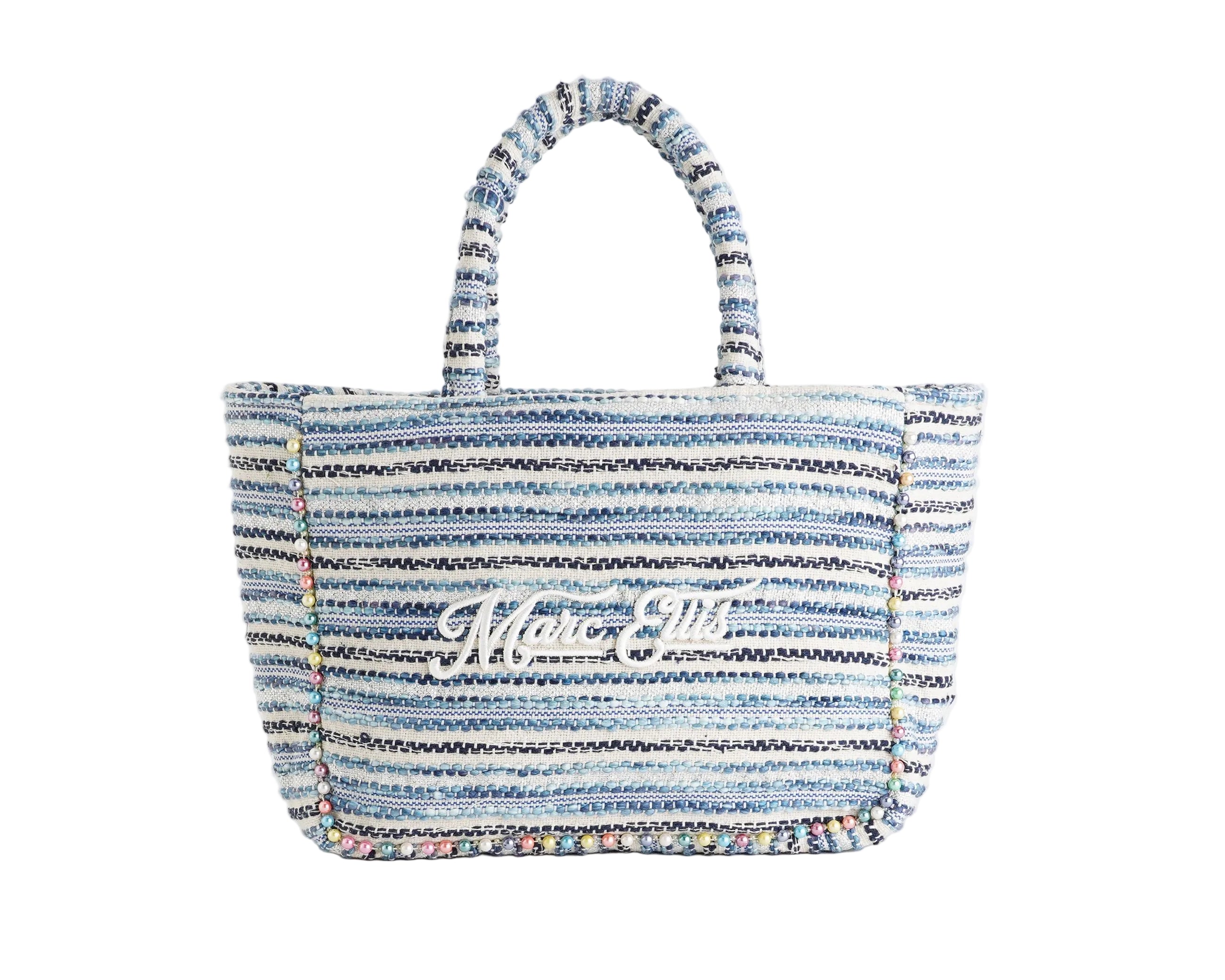 Borsa a spalla Marc Ellis Buby M Indy 26 Variant 04 – vista frontale, trama in cotone intrecciato con perline multicolore e scritta logata ricamata
