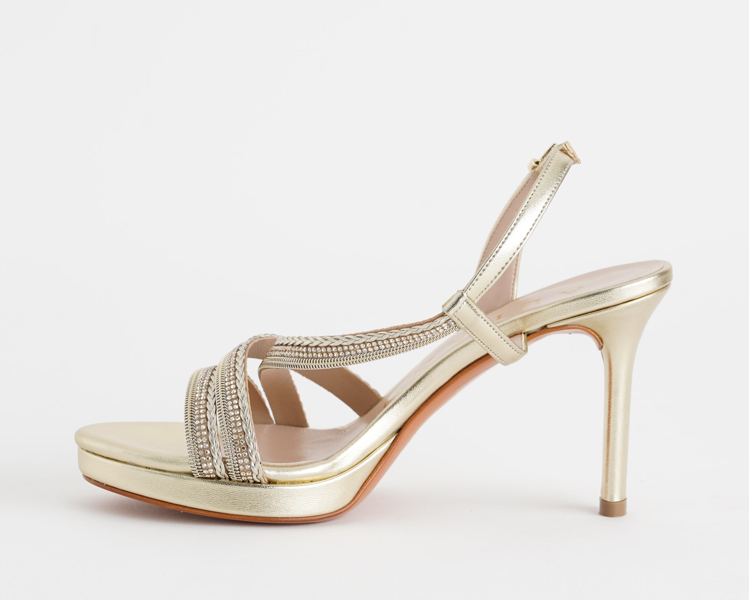 Sandalo tacco 85 mm con strass platino, vista laterale