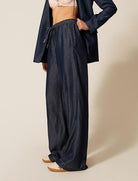 Pantaloni a palazzo Twinset 261LL2QGG chambray denim scuro gamba ampia donna vista laterale