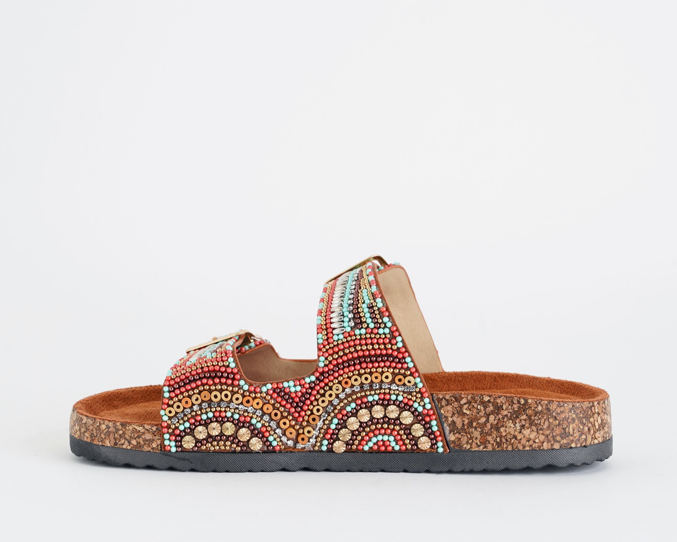Sandalo basso donna EXE 230750-2 Tan Turchese con fibbie decorate da perline e strass