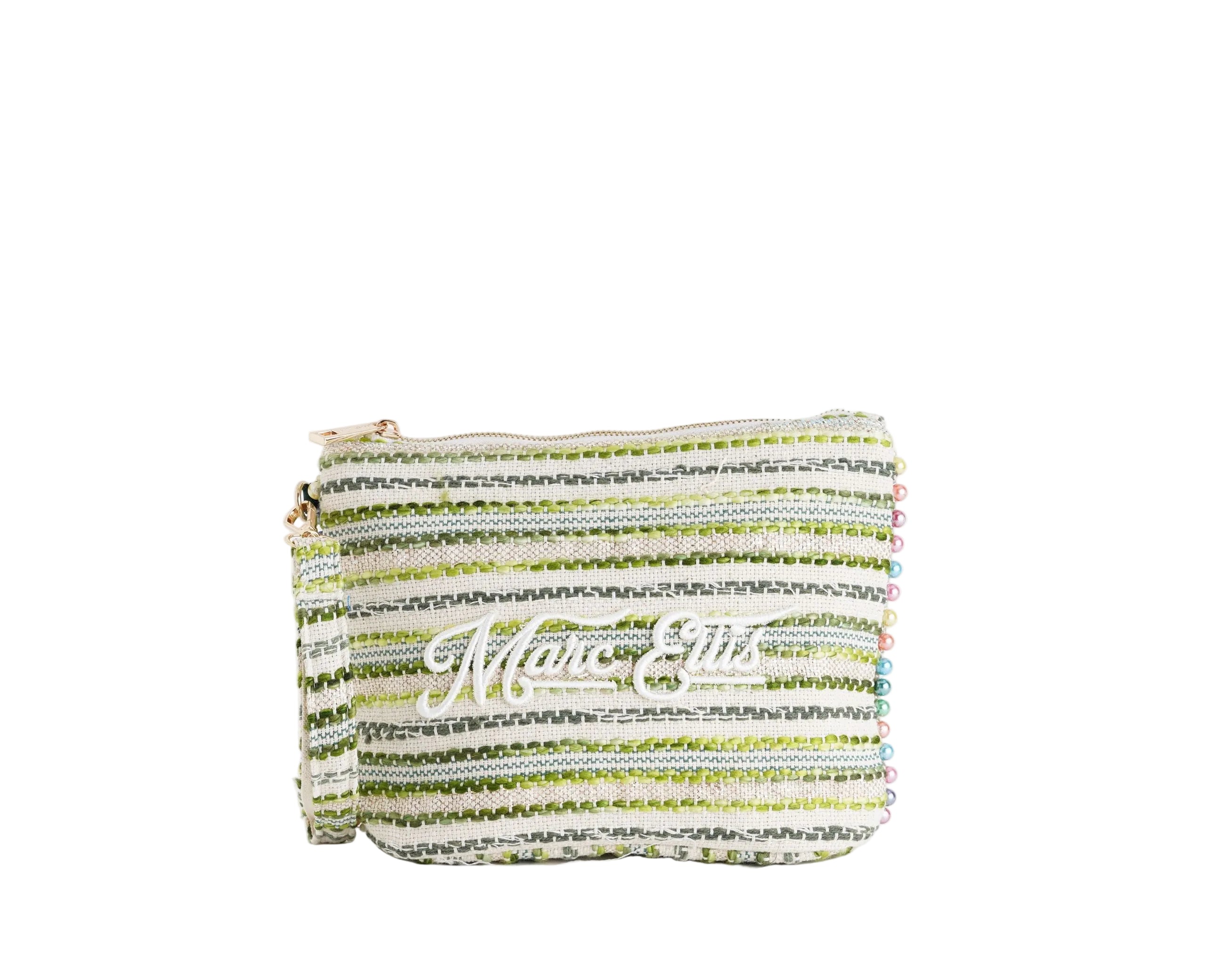 Pochette Marc Ellis Cassy Indy 26 Donna Variant 09 – vista frontale, trama intrecciata in tela misto cotone con dettagli in lurex, perline multicolore e scritta logata ricamata
