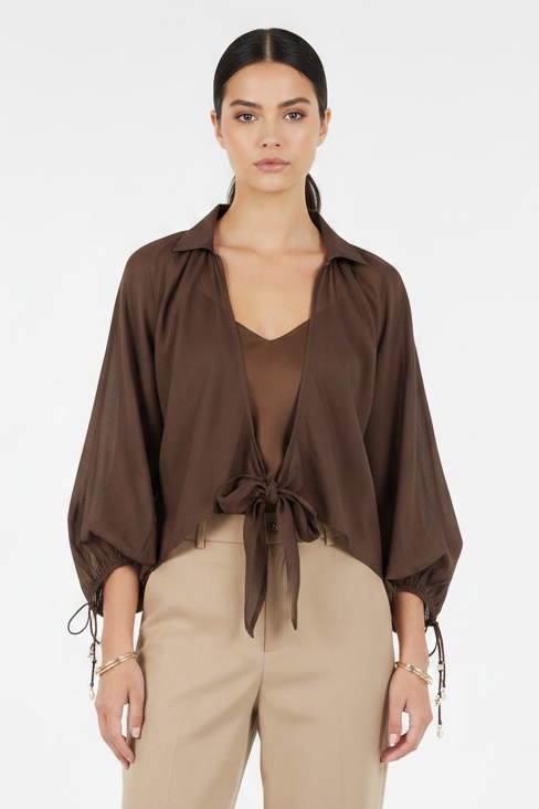 Camicia in mussola con fiocco Twinset 261LM2RAA Coffe Chocolate Donna