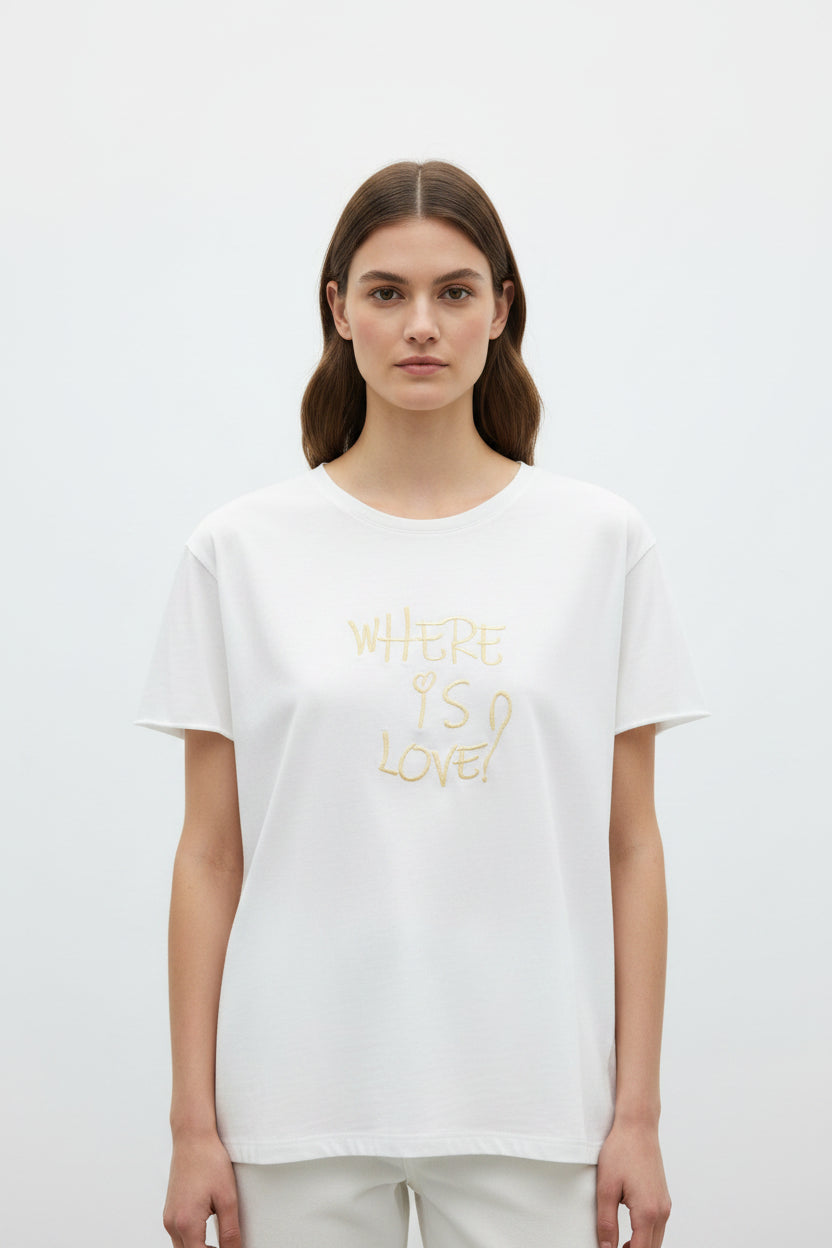 RAB0277 VICOLO T-shirt donna ricamo WHERE IS LOVE colore Bianco