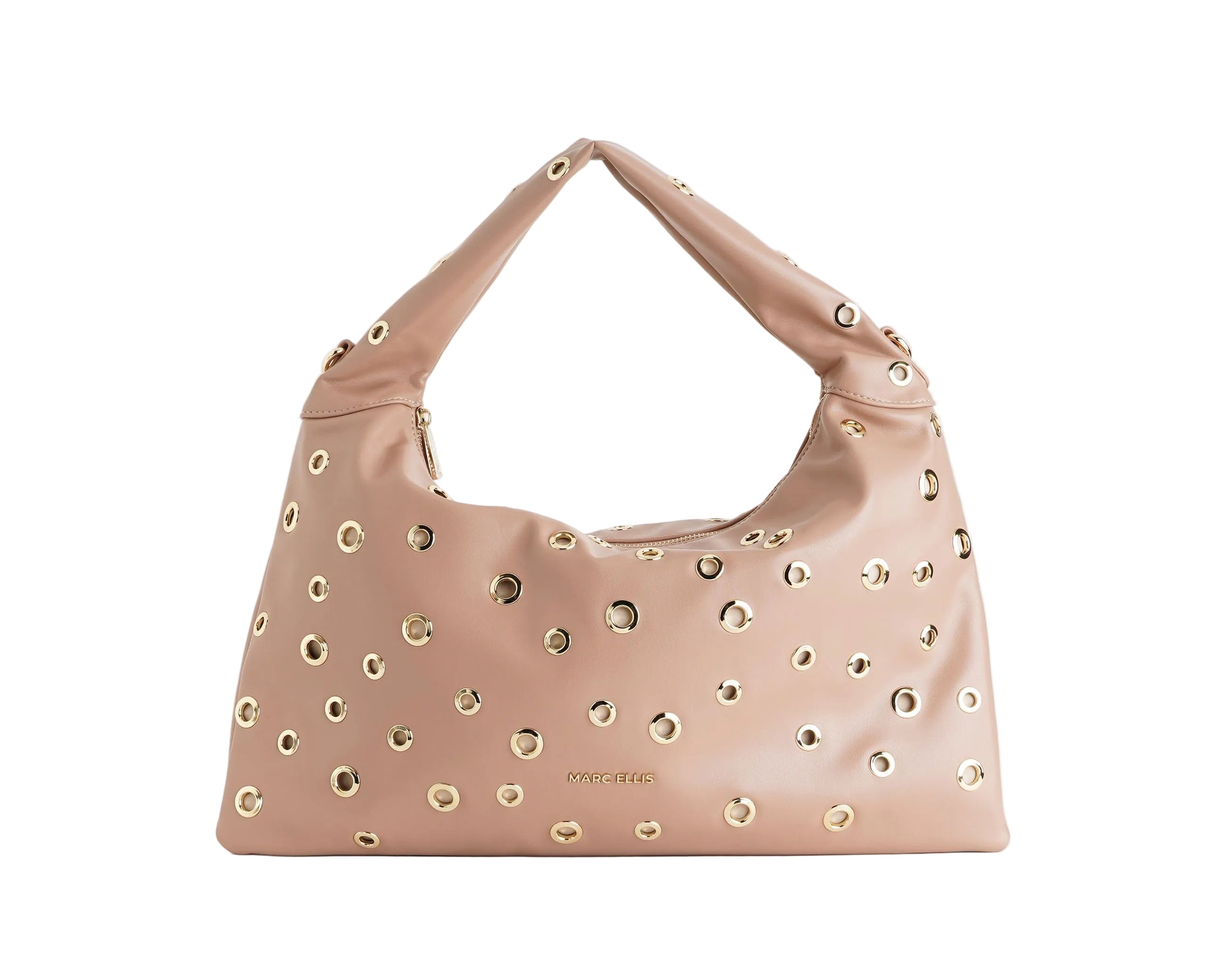 Borsa a spalla Marc Ellis Mariah Studs moka mousse da donna, ecopelle con borchie e tracolla rimovibile
