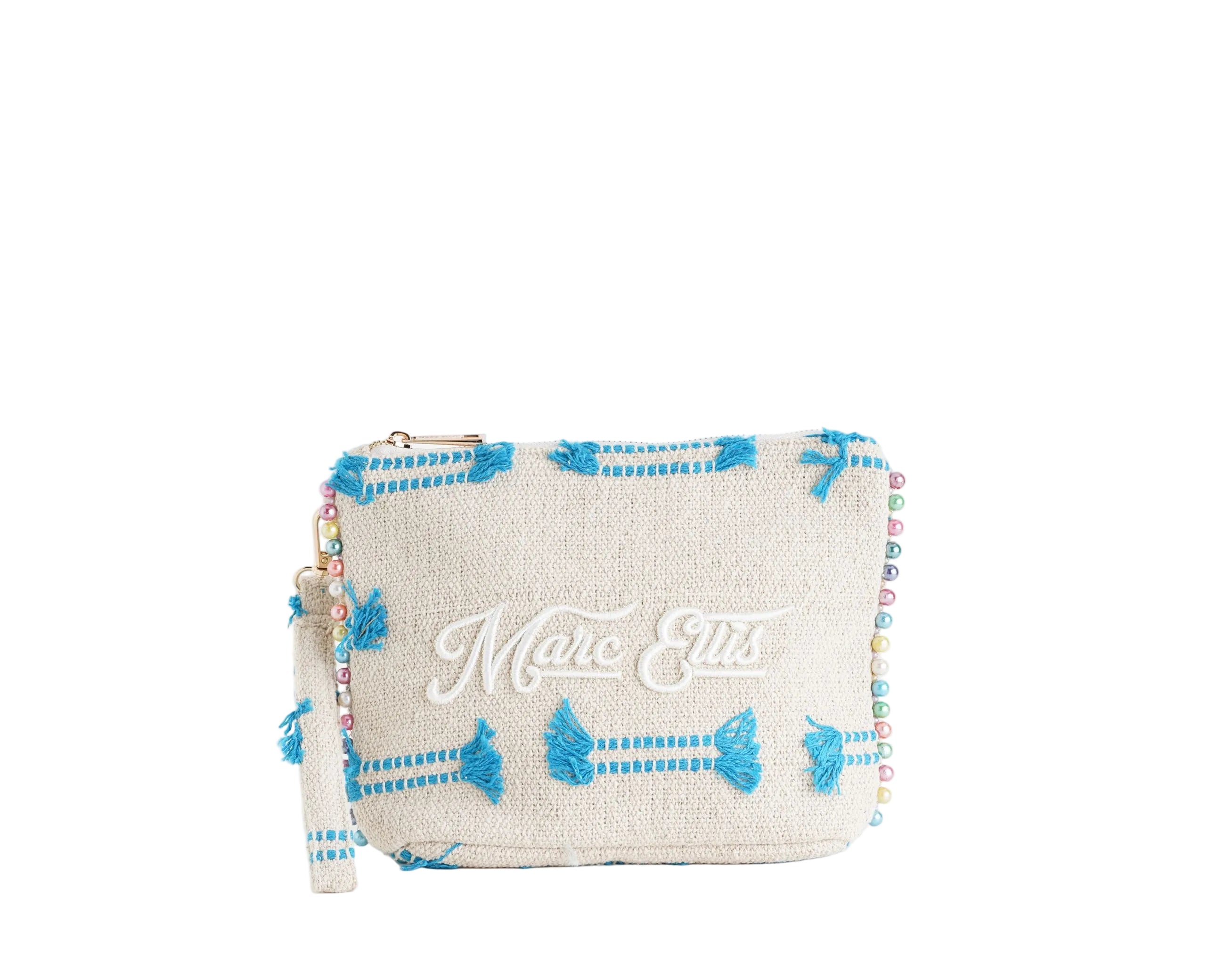 Pochette Marc Ellis Cassy Indy 26 Donna Variant 06 – vista frontale, trama intrecciata in tela misto cotone con dettagli in lurex, perline multicolore e scritta logata ricamata
