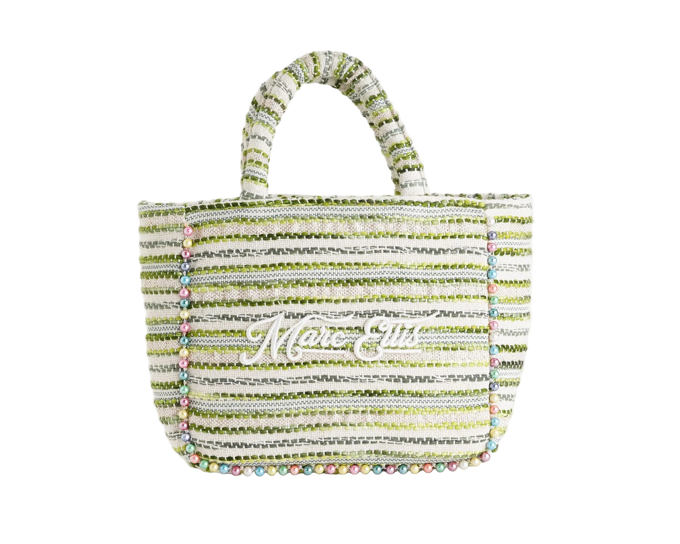 Borsa a mano Marc Ellis Buby S Indy 26 Donna Variant 09 – vista frontale, trama in cotone intrecciato con perline multicolore e scritta logata ricamata
