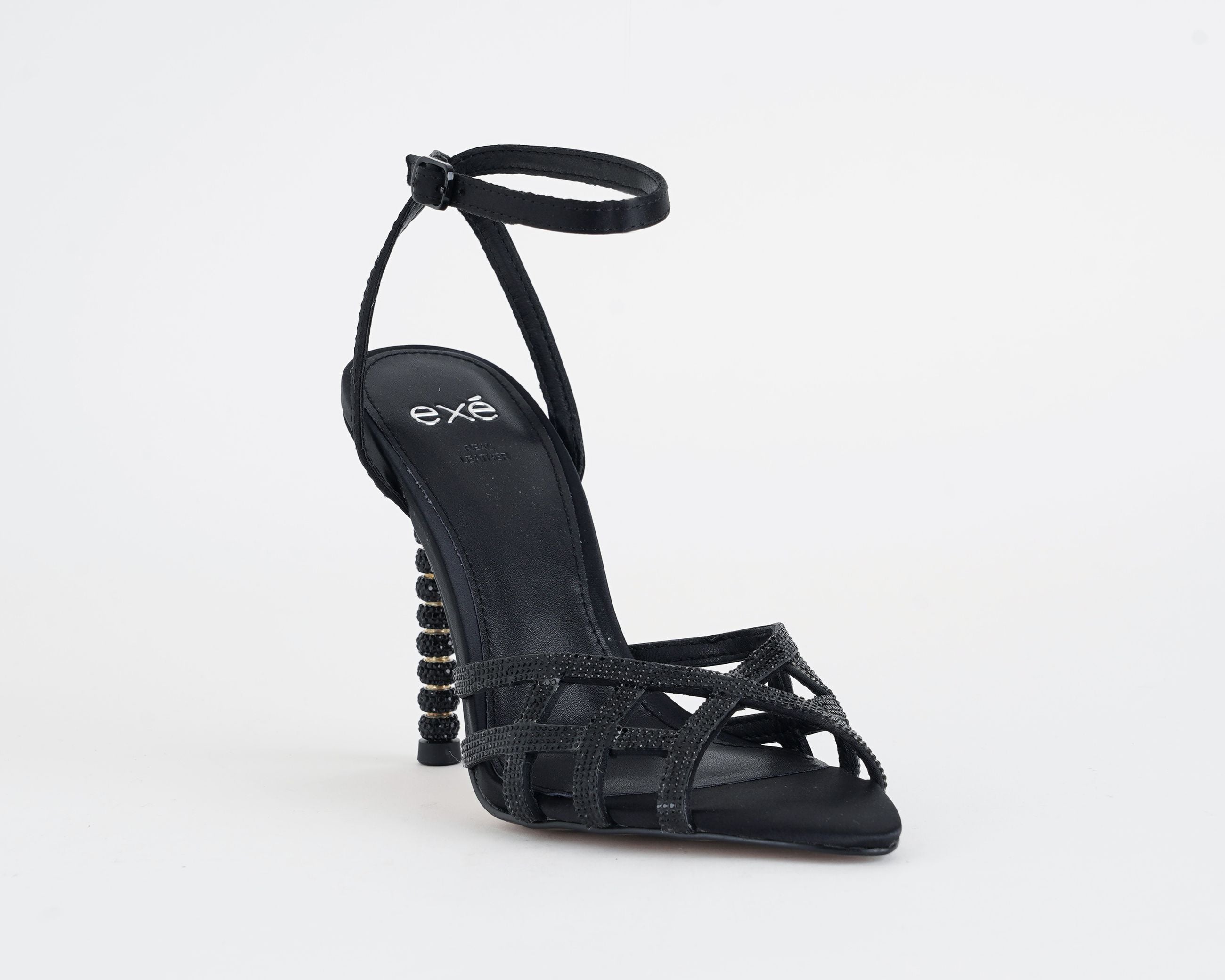 Sandalo alto donna EXE JOY-959 nero con fascia in satin e strass, tacco 100mm