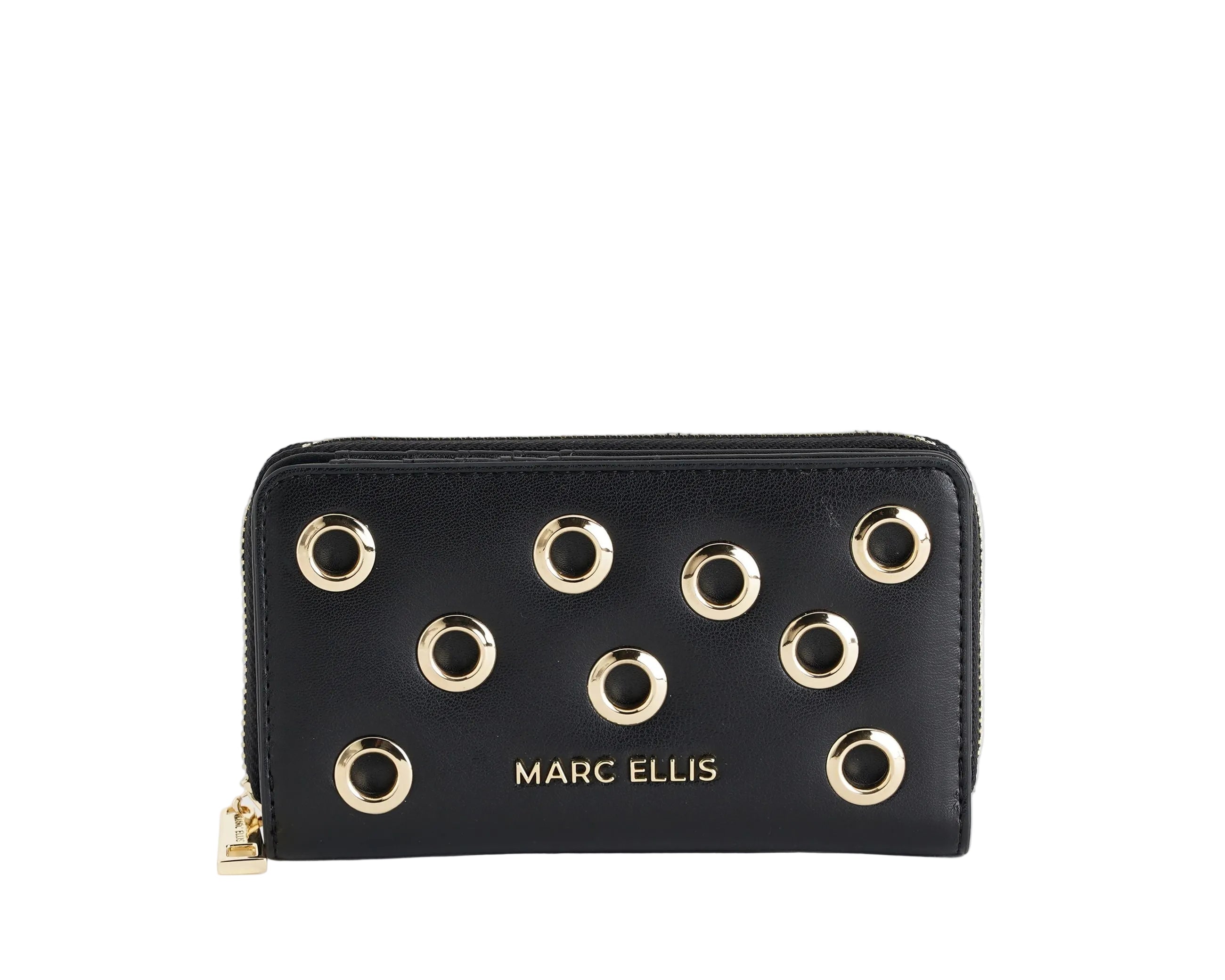 Portafoglio Marc Ellis Ivy Studs nero da donna in similpelle con borchie, chiusura zip, 8 slot portacarte, 9x16x3 cm

