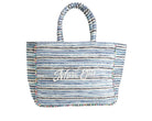 Shopping Bag Marc Ellis Buby L Indy 26 Variant 04 – vista frontale, tessuto in cotone intrecciato con perline multicolore e scritta logata ricamata
