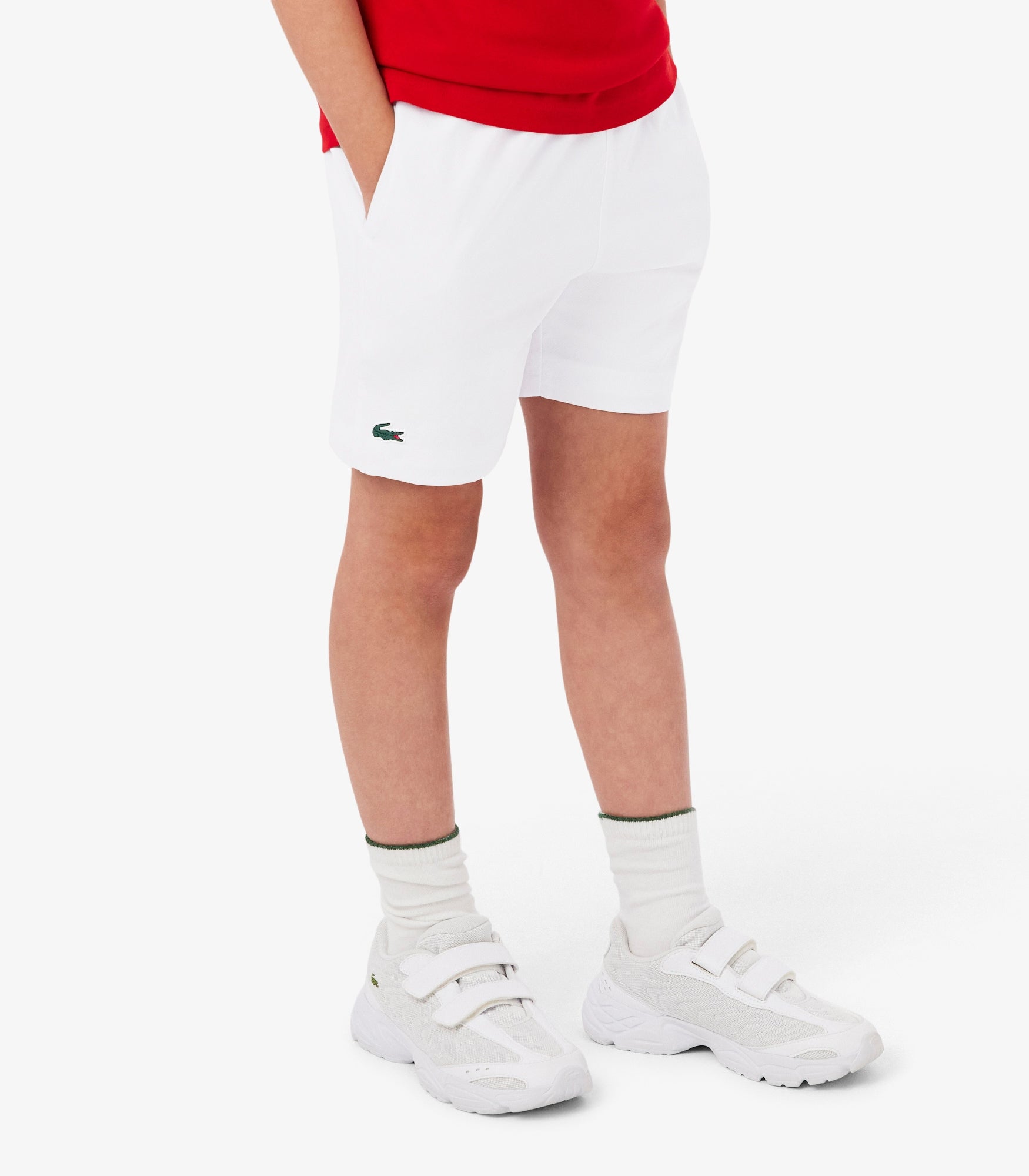 Shorts Lacoste GJ0829 bianco unisex bambino - taffetà a rombi, vita elasticizzata, tasche laterali, taglie 8A-16A