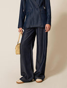 Pantaloni a palazzo Twinset 261LL2QGG chambray denim scuro vita elastica donna vista frontale