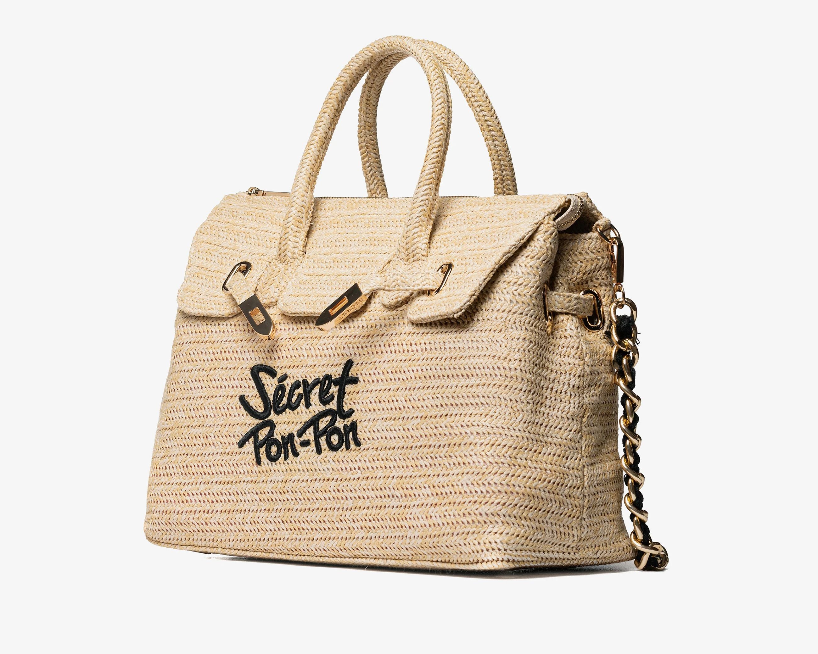 Borsa a spalla Sécret Pon-Pon Victoria M Straw Natural Donna – tracolla rimovibile, chiusura zip, H.27xL.34xP.13 cm
