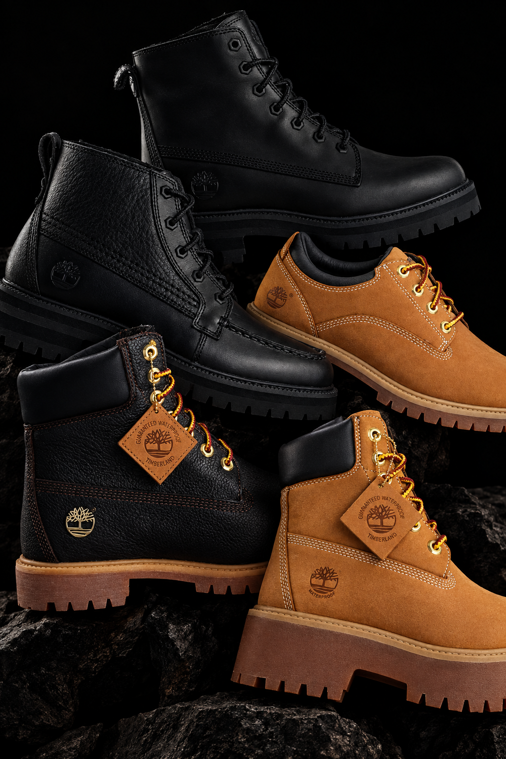 Banner verticale con scarpe Timberland ammassate su sfondo nero