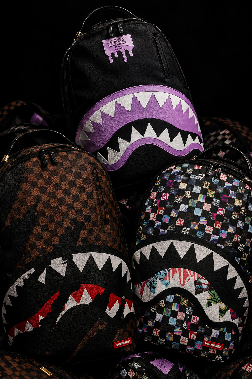 Banner verticale con zaini Sprayground a squalo ammassati su sfondo nero