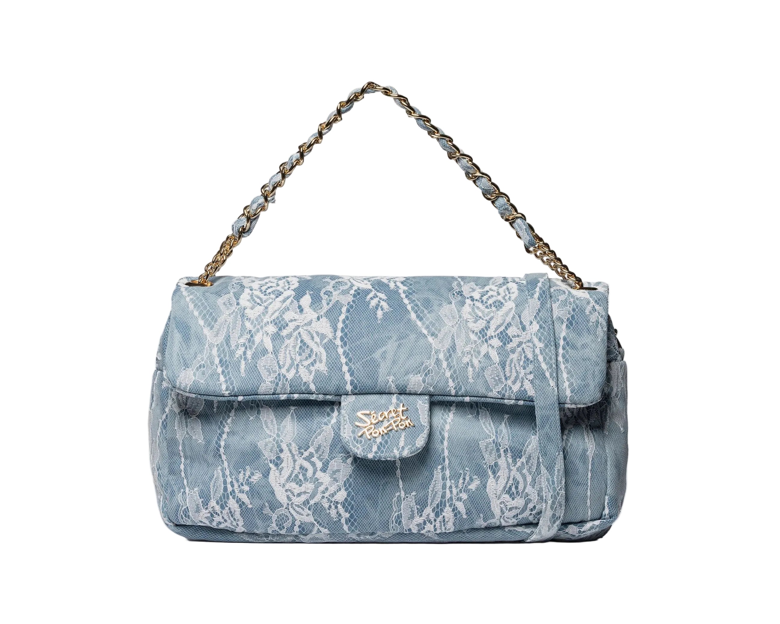 Borsa a mano Sécret Pon-Pon Charlotte L Lace Denim Donna – tracolla regolabile, chiusura patta e zip, H.18xL.26xP.11 cm
